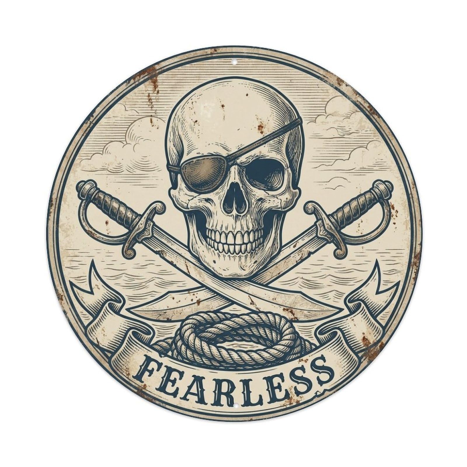 Fearless Skull Eyepatch Cutlasses Nautical Motto Metal Tin Sign