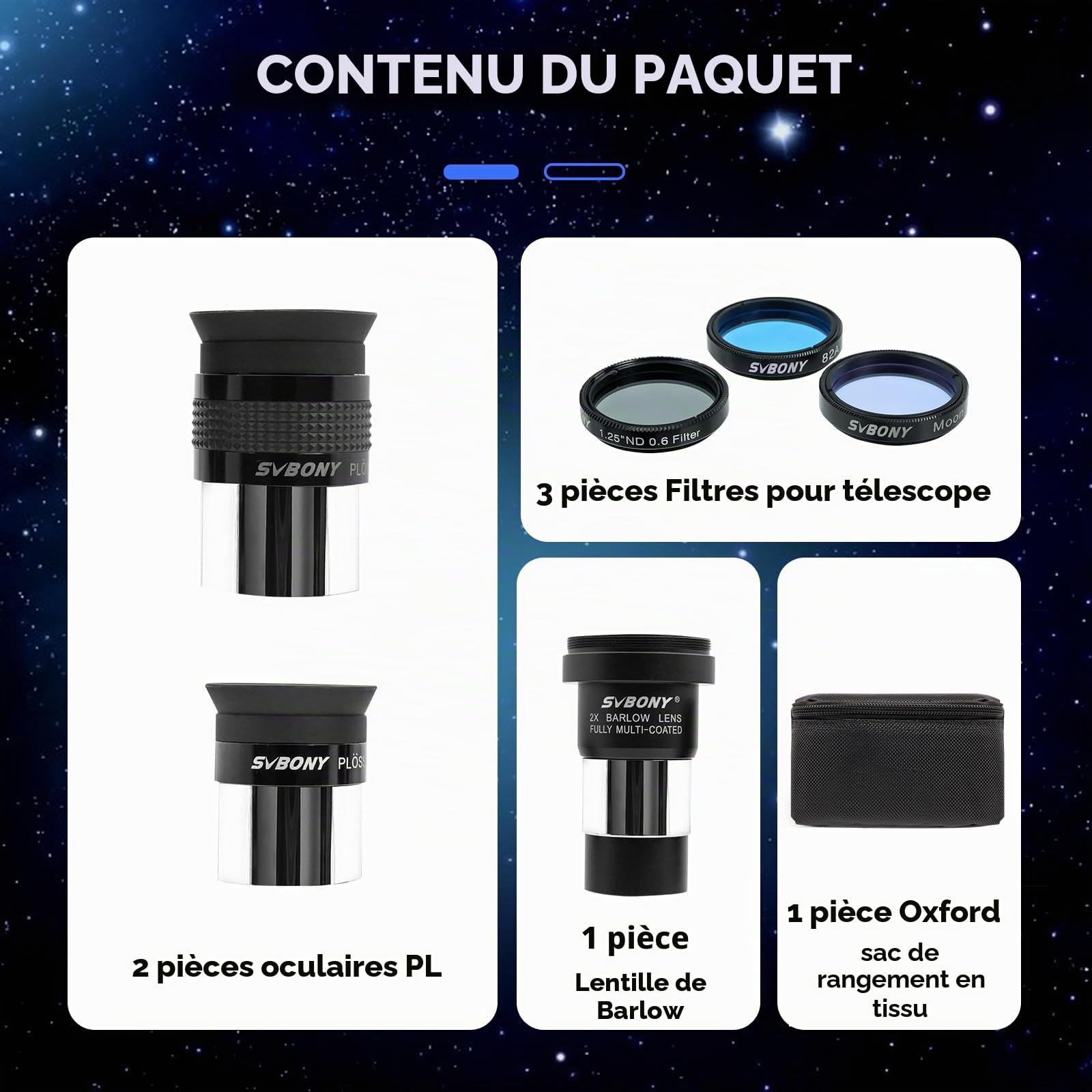 Svbony SV233 Oculaire Télescope Astronomique Kit, PLOSSL 6 mm, 17 mm Oculaire, 2X Lentille de Barlow, Lunaire, ND4, 82 A Couleur Filtre, Un Sac Portable, pour L'observation des Planètes