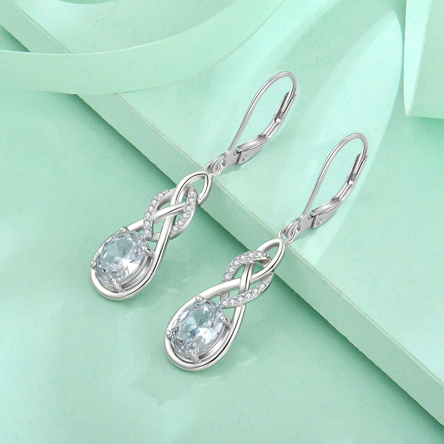 Oval Cut Drop Dangle Earrings 925 Sterling Silver Infinity Leverback Earrings Birthstone Jewelry Gifts for Women - Image 5