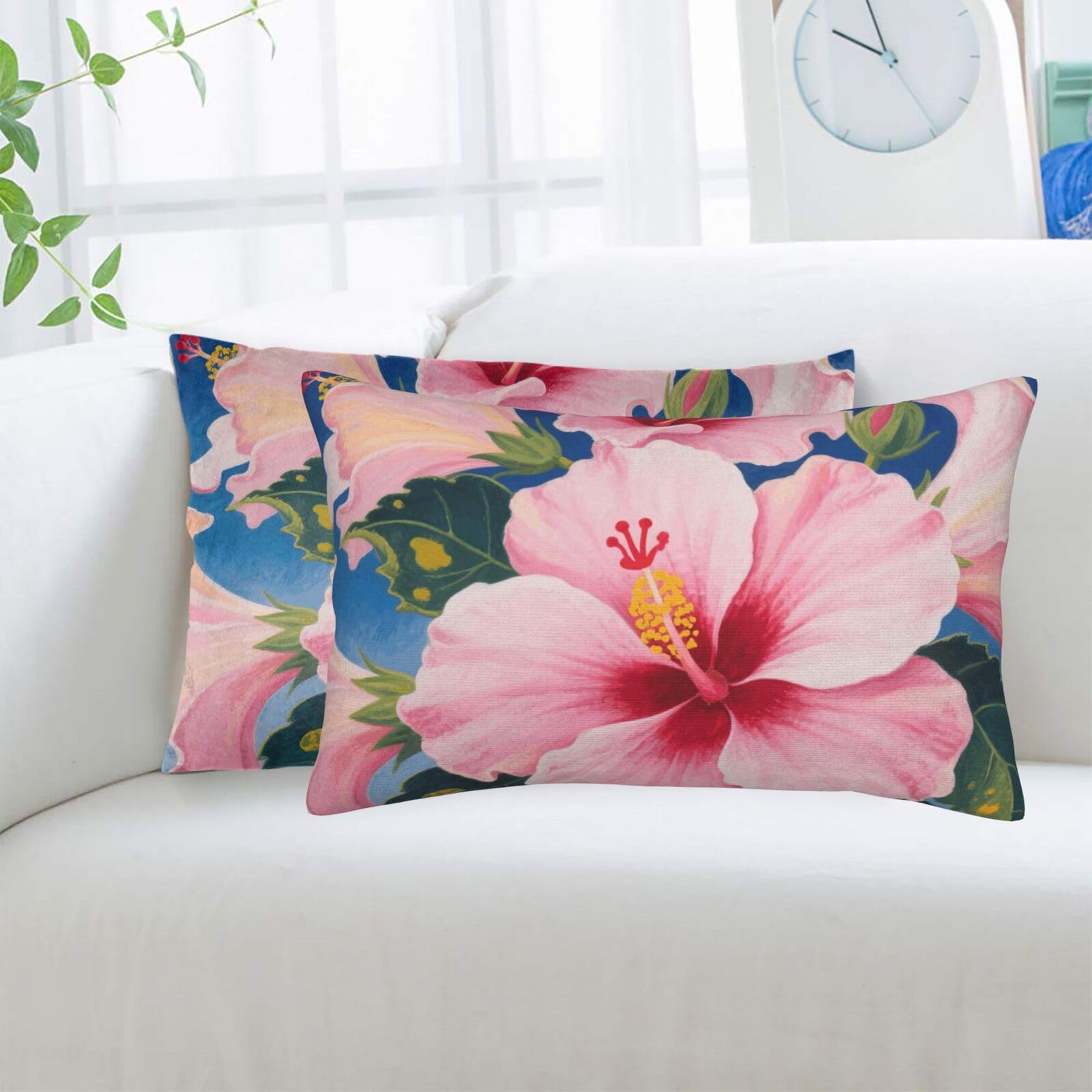 2 Pack Standard Pillowcases Sets, Ultra Soft Comfort Microfiber Plush Pillow Cases Blooming Hibiscus Decorative Throw Pillow Cover with Hidden Zipper for Bedroom, Sofa, Couch,14"X20"