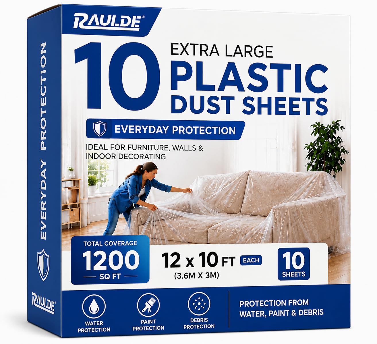 Raulde 10 Pack Extra Large Plastic Dust Sheets for Decorating 3.6 x 3m (12 x 10ft), Light Dust Sheet for Painting & Furniture - Plastic Sheet - Plastic Sheeting - Decorating Sheets - Dust Cover