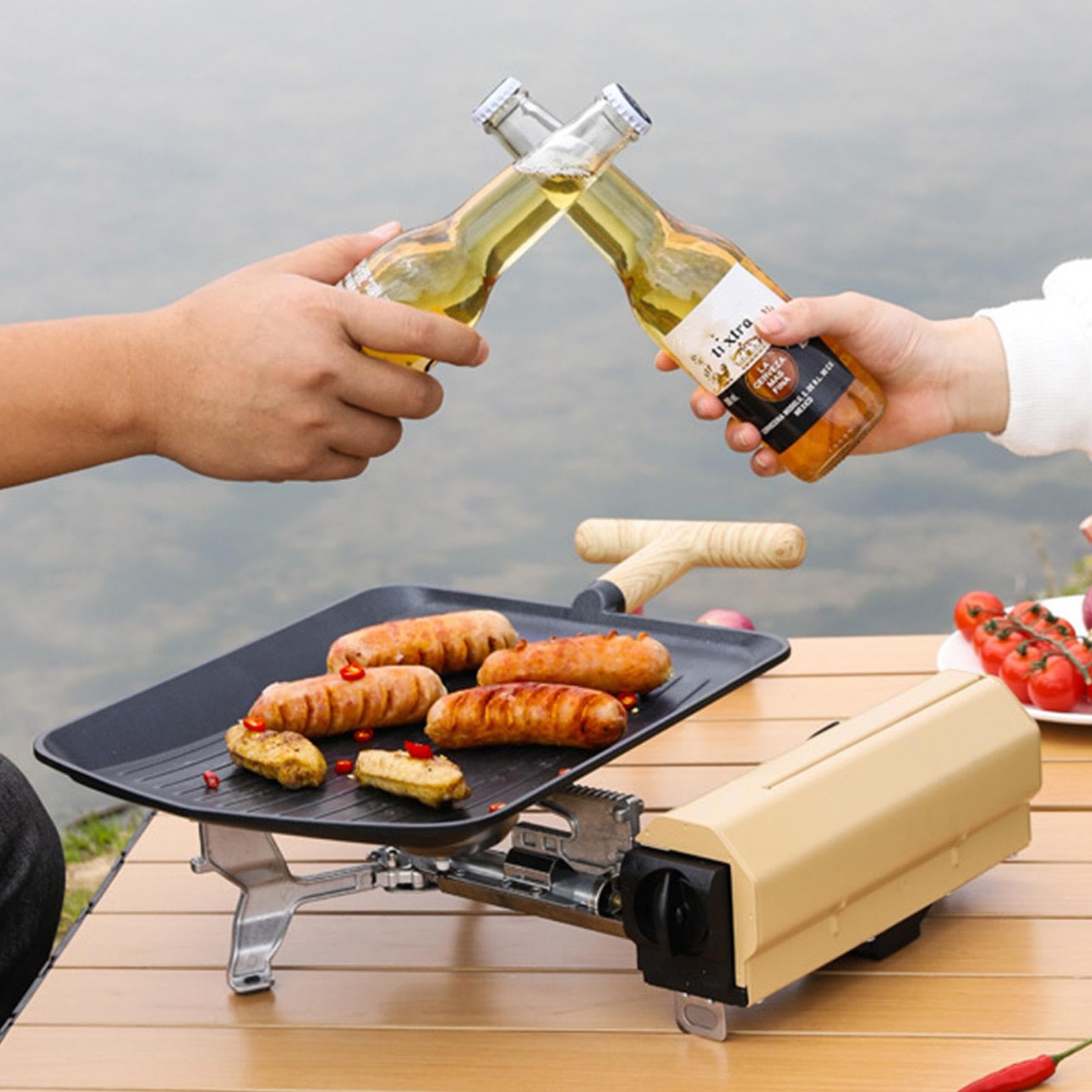 Generisch Per la griglia, manico multifunzione con effetto legno, griglia per cucinare e grigliare in interni, per feste in giardino, grigliare carne e verdure per principianti esperti