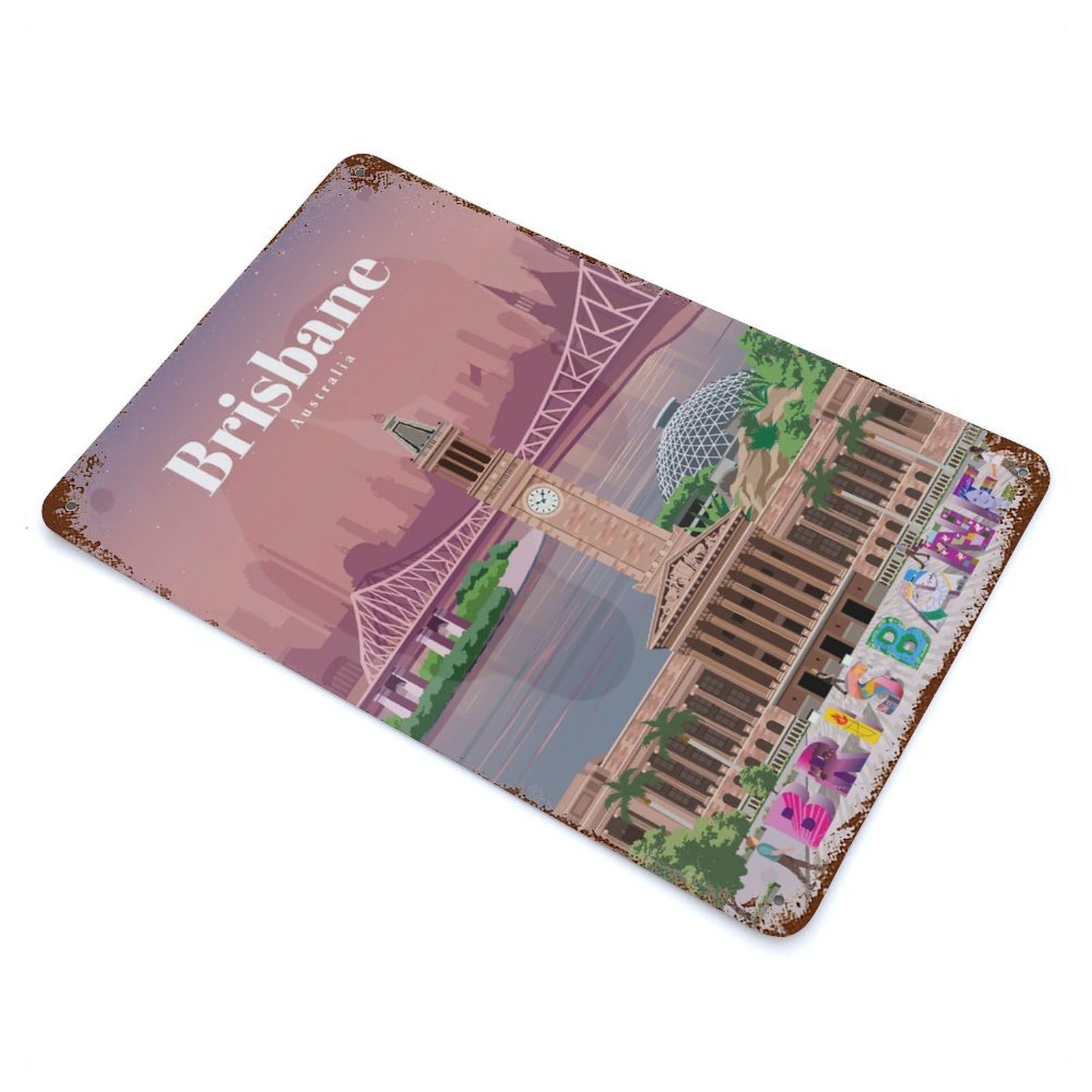 Travel to Brisbane 11.8"x7.9" Weathered Tin Sign, Decorative Metal Wall Art for Cafe, Home Bar And Lounge Decor