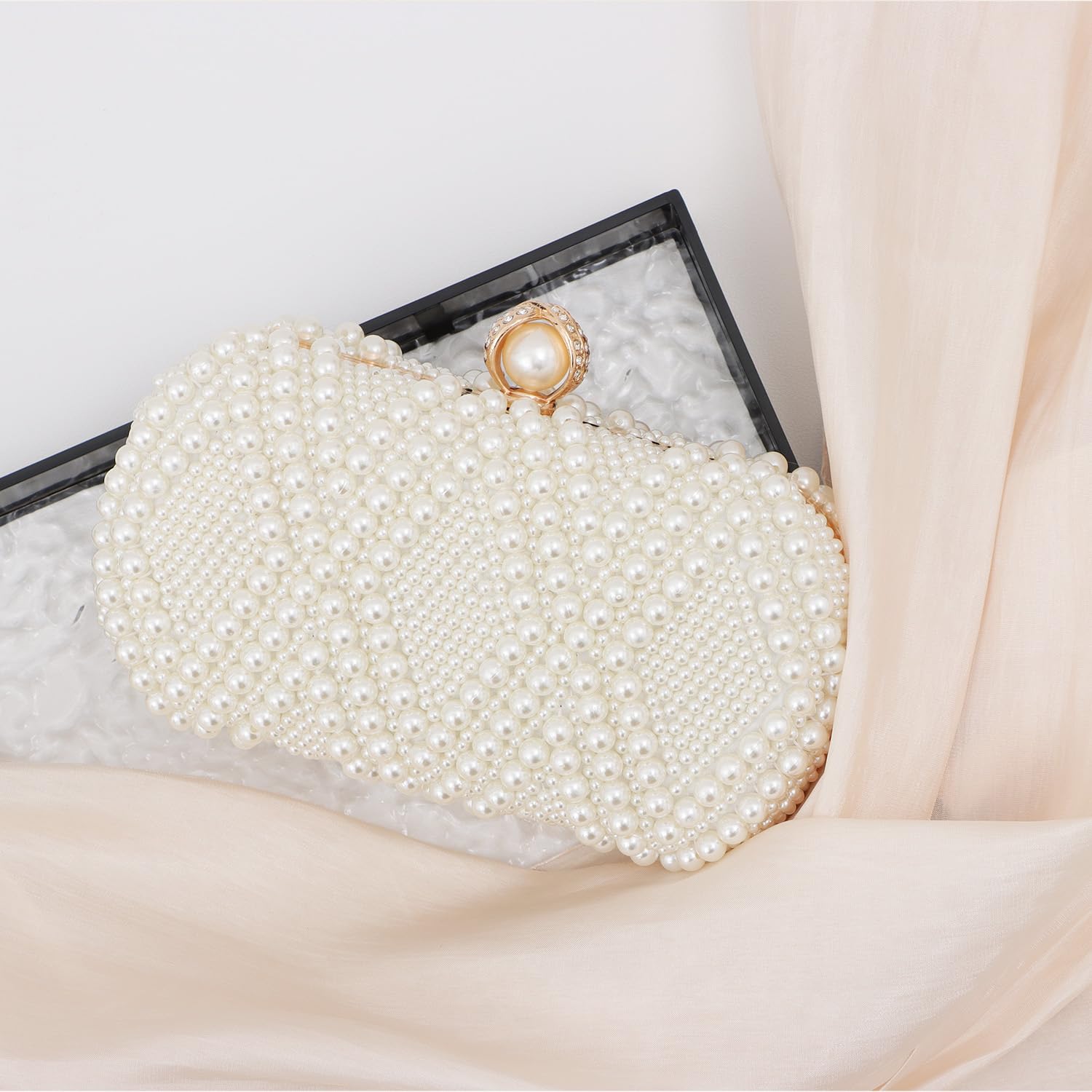 EVEOUT Élégant Sac à Main de Mariage en Perles Femme Pochette de Mariée avec Poignée et Bandoulière Clutch Sac bandoulière pour soirée fête