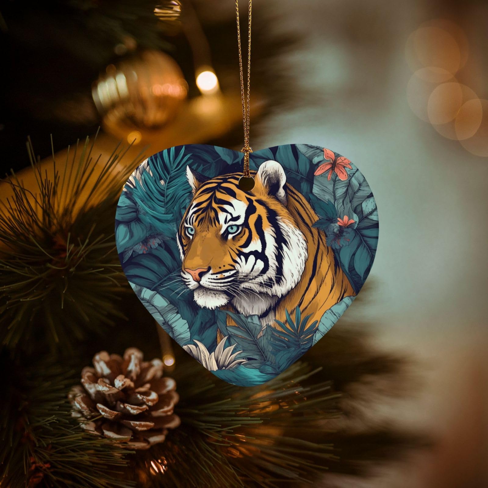 Christmas Ornaments for Christmas Tree Decoration Hanging Tropical Tiger Ornament with Gold Ribbon Crafts Heart Shape Ceramic Pendant for Keepsake Gifts Xmas Decor Party Supplies