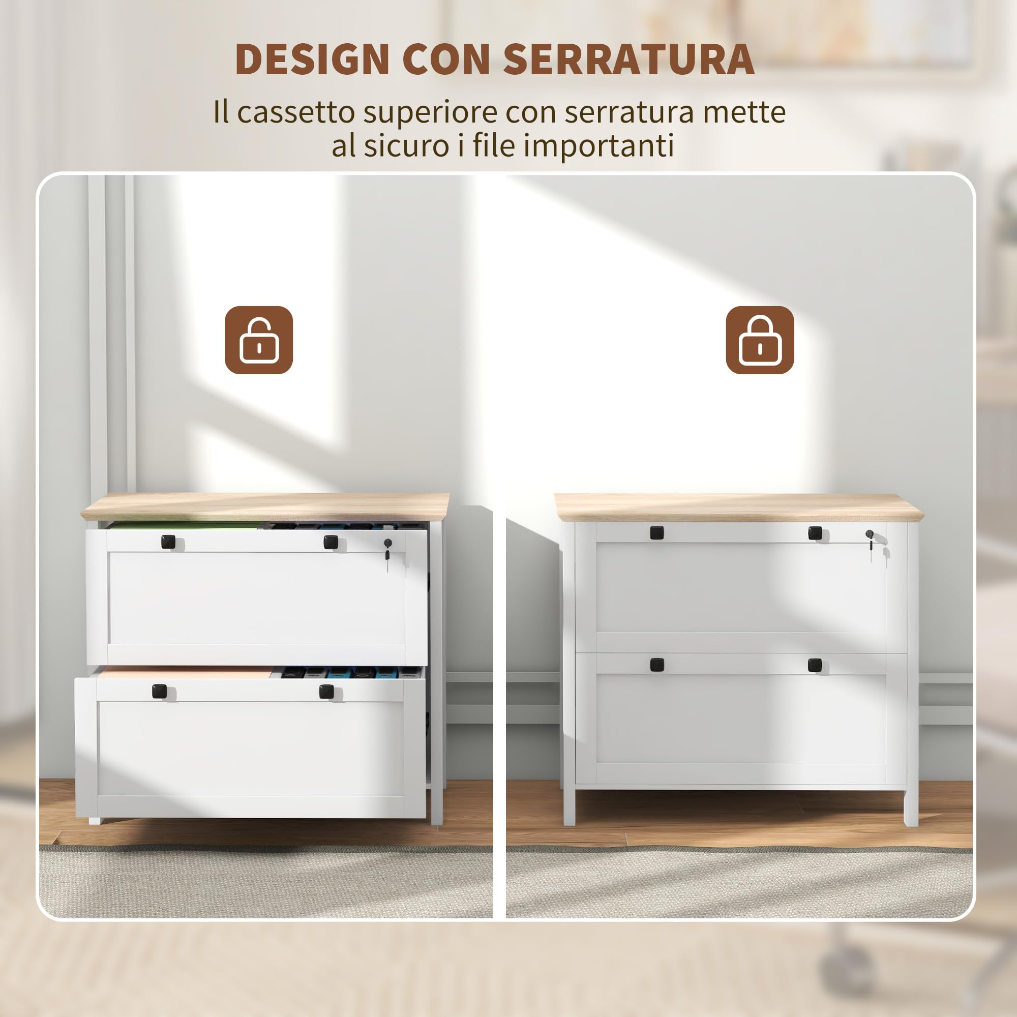 HOMCOM Armadietto Portadocumenti con 2 Cassetti, Serratura e Chiavi, Mobile Schedario da Ufficio per Cartelle A4, 76x40x76 cm, Bianco
