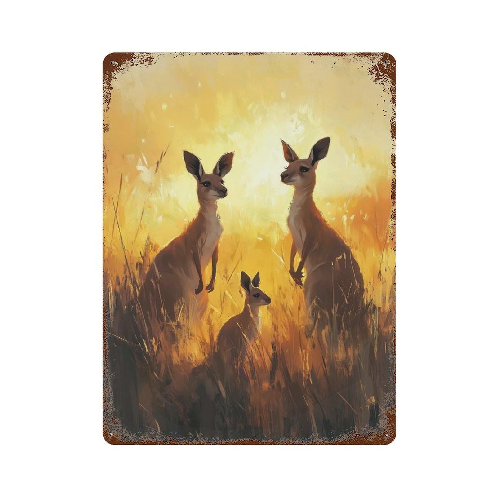 Kangaroo Family Sunset Vintage Wall Sign 15.7"x11.8", Rust Effect Metal Decor for Bistro, Counter And Cafe Decor