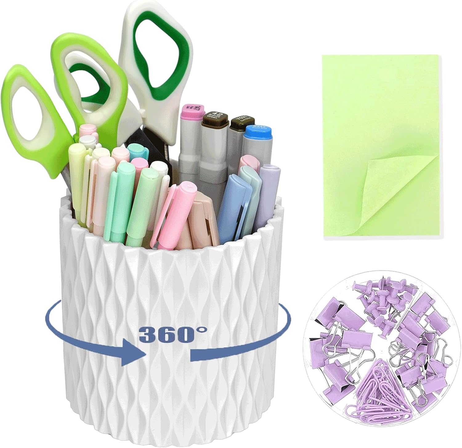 3Pcs 360° Rotating Desk Organizers and Accessories with Pen Holder Sticky Note and Clips Set, Desktop Storage Stationery Supplies Organizer, Cute Pencil Cup for Office, School, Dorm Room Purple