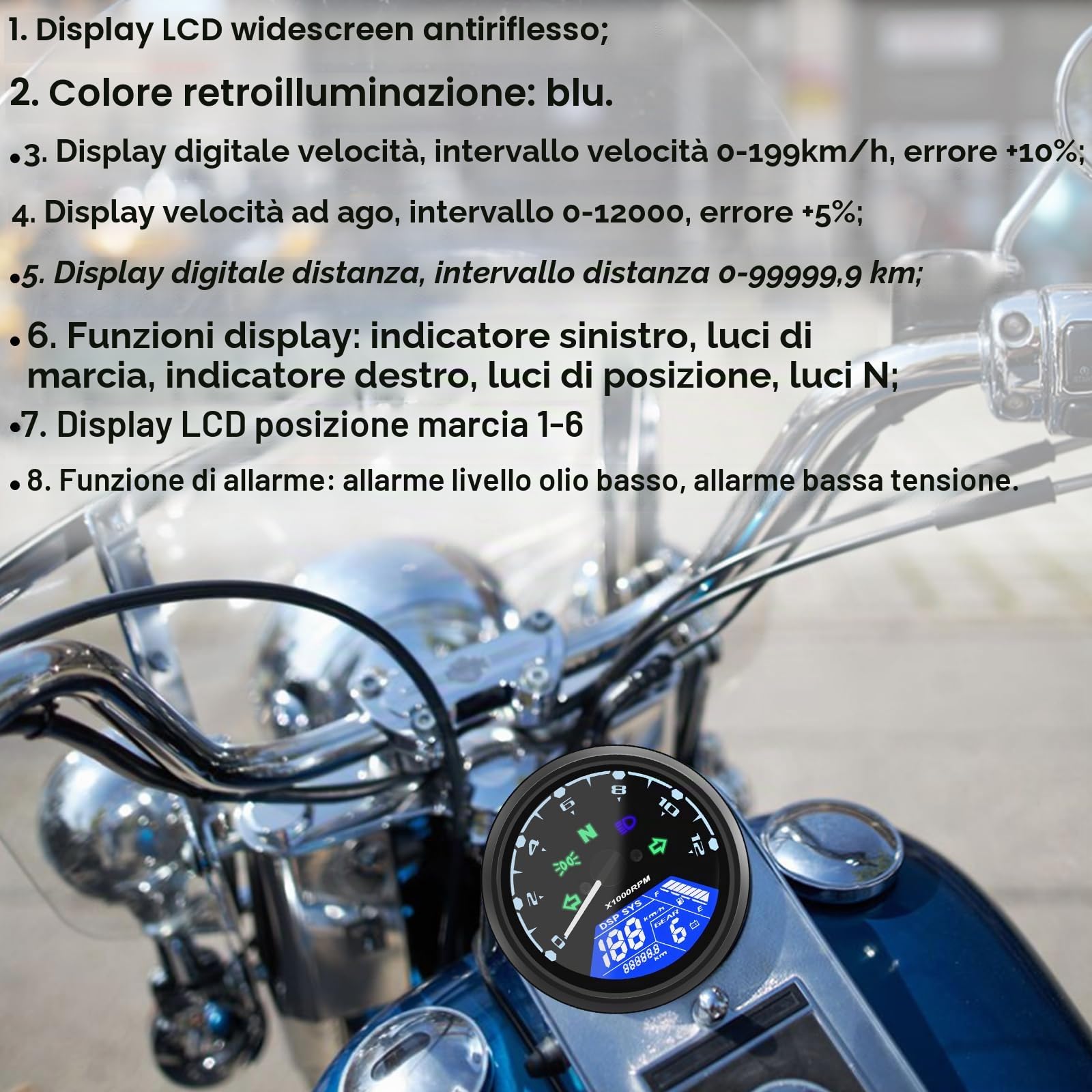 Geloo Moto Contachilometri universale per moto Tachimetro Digitale Contachilometri 12000 giri/min 199 KMH MPH LCD Contagiri con Universale per 1,2,4 Cilindri con Spia Multifunzione 12V…