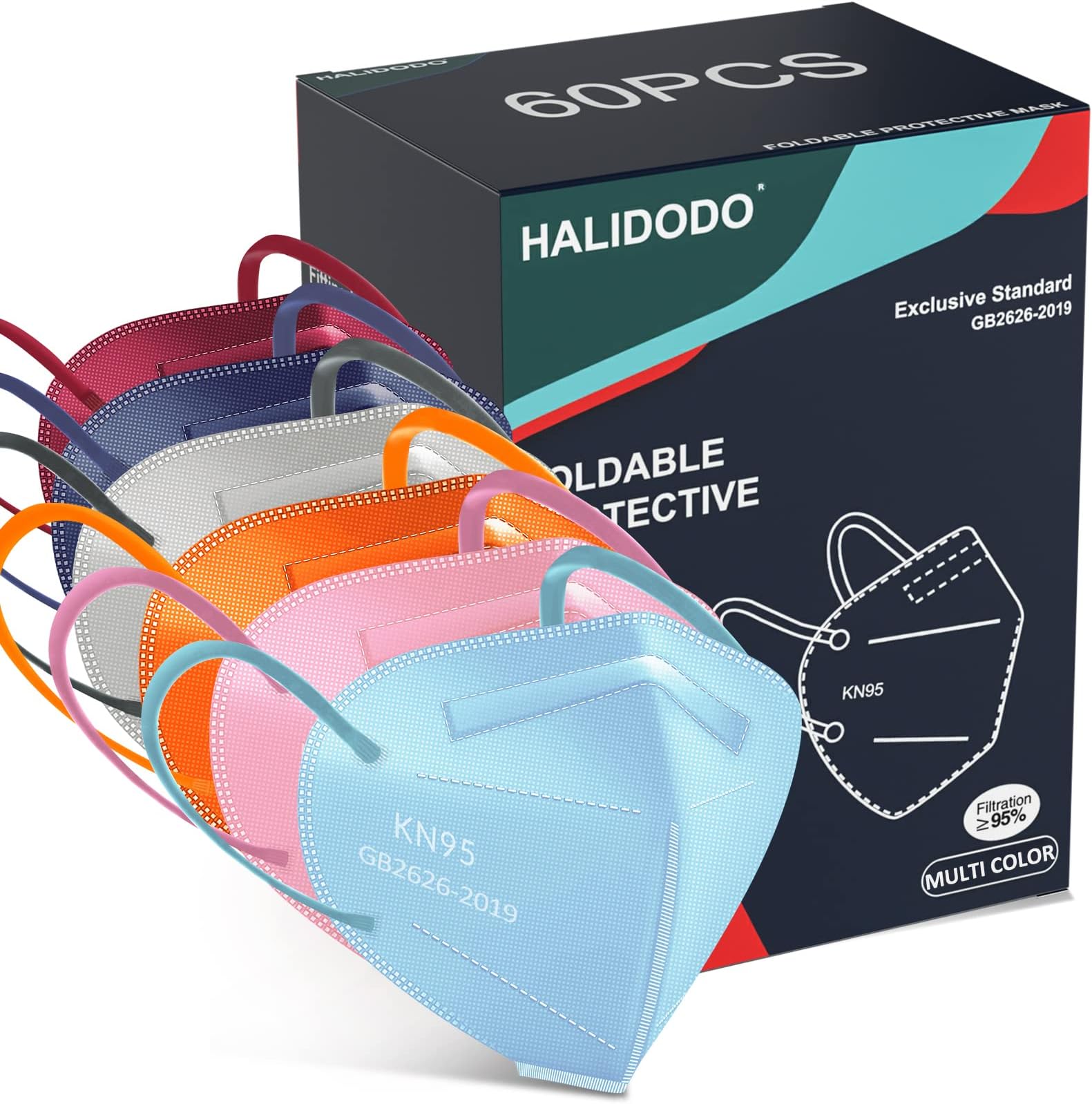 HALIDODO 60 Packs Individually Wrapped KN95 Face Mask 5-Ply Breathable & Comfortable Filter Safety Mask with Elastic Ear loop and Nose Bridge Clip, Protective Face Cover Mask, Multi Color