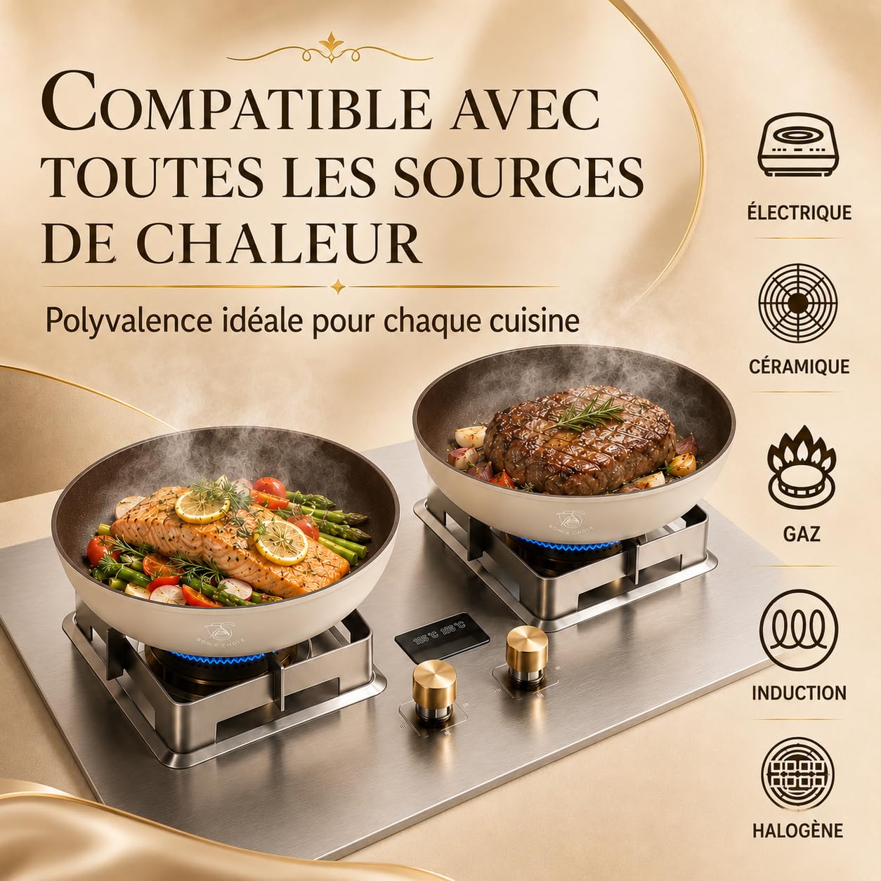 Royal Swiss Lot de Poêles 4 Pièces Beige, 20/24/28 cm avec Manche Amovible, Revêtement Marbre Antiadhésif Sans PFAS PFOA, Induction Tous Feux, Compatible Four Sans Poignéec