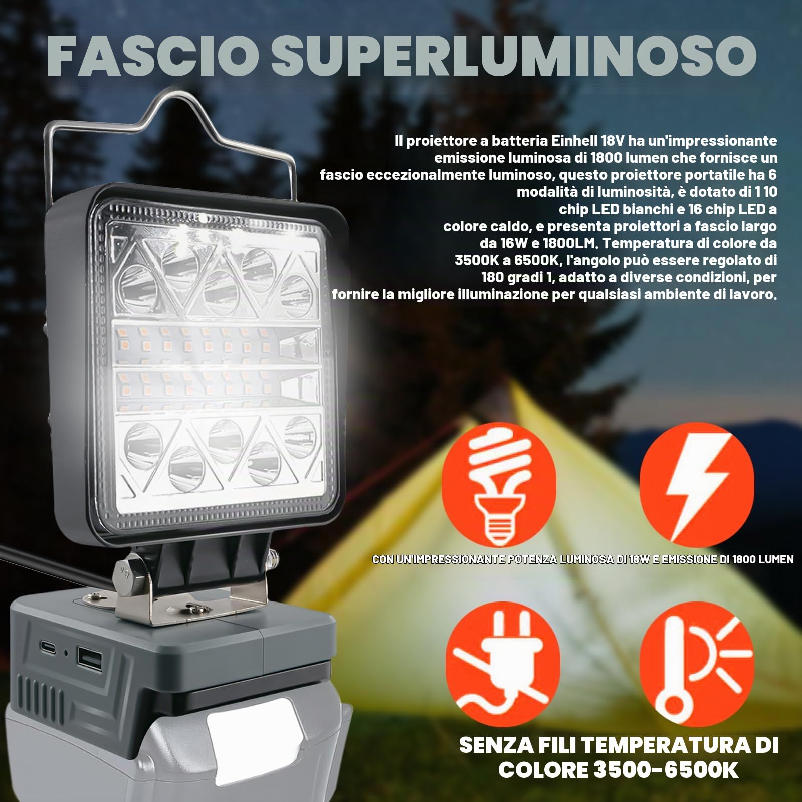 Lampada a batteria per Einhell da 18 V: Faretto portatile LED da lavoro con 6 modalità di luminosità, ingresso USB-C, 16 W, 1800 lm, senza batteria