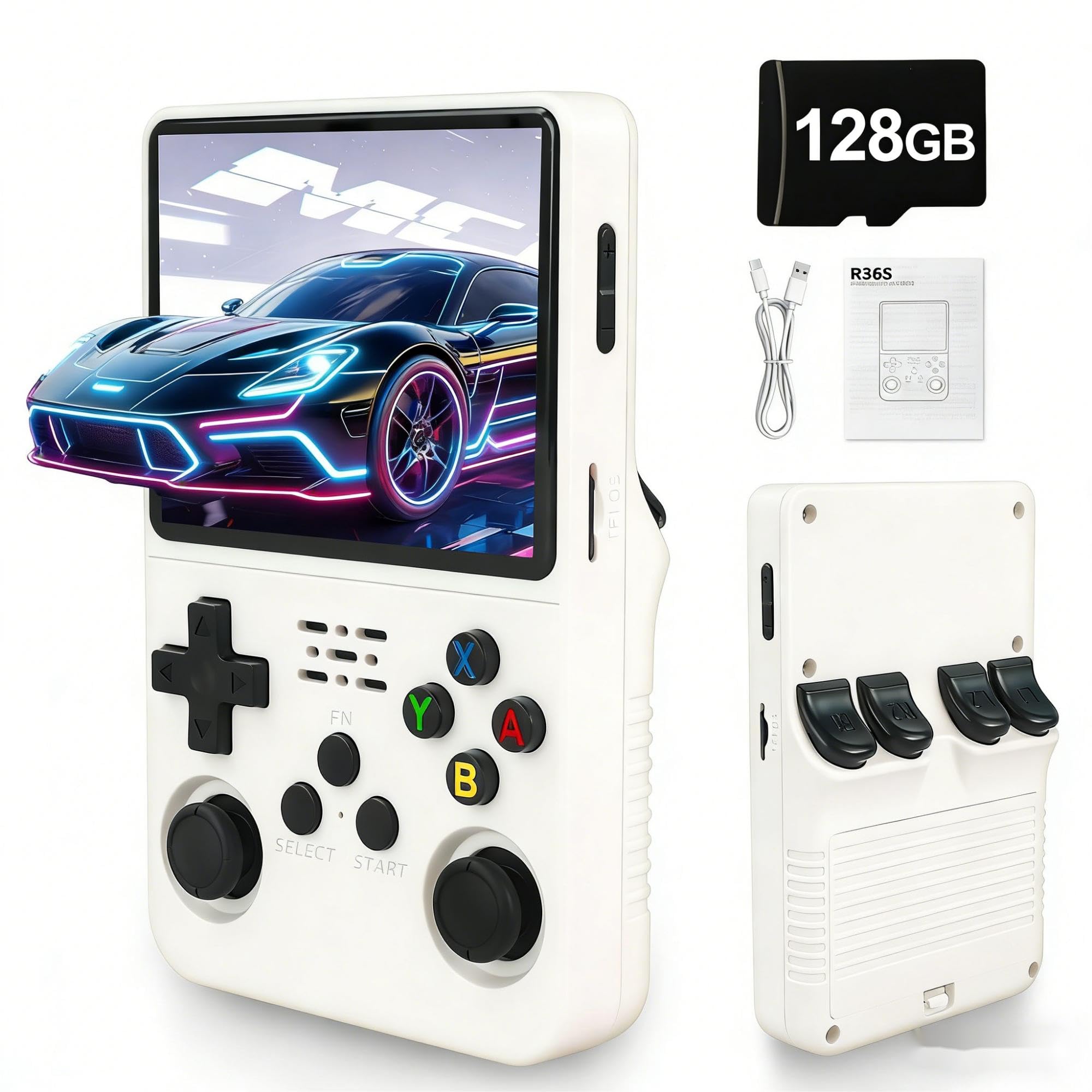 Rhesusco R36S Retro Video Game Console-3.5 Inches HD Screen,Open Source Linux System,3000mAh Rechargeable Battery,128G TF Card,30000+ Classic Video Games Portable Mini Game Console for Gifts-White