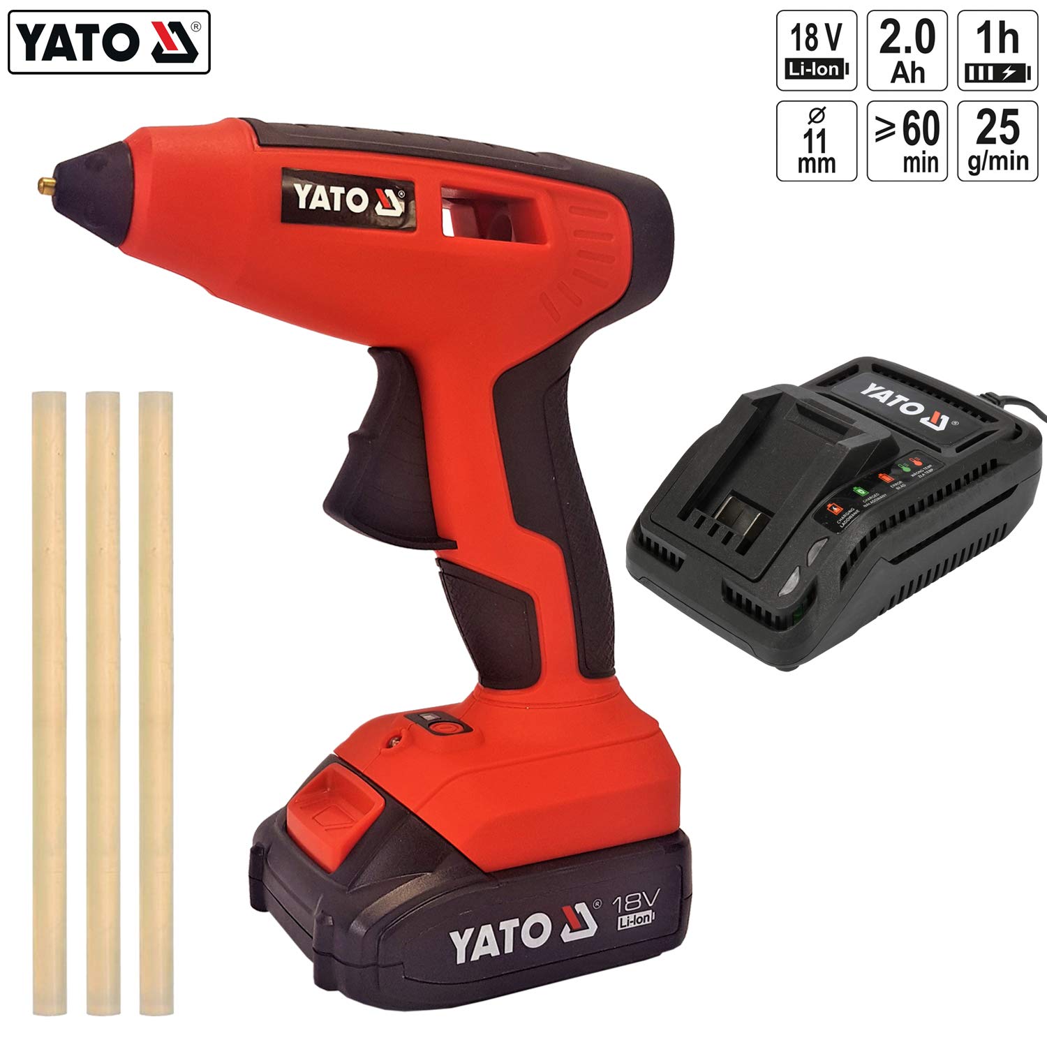 YATO YT-82854 Akku-Heißklebepistole mit Batterie mit Ladegerät mit Zubehör Akku