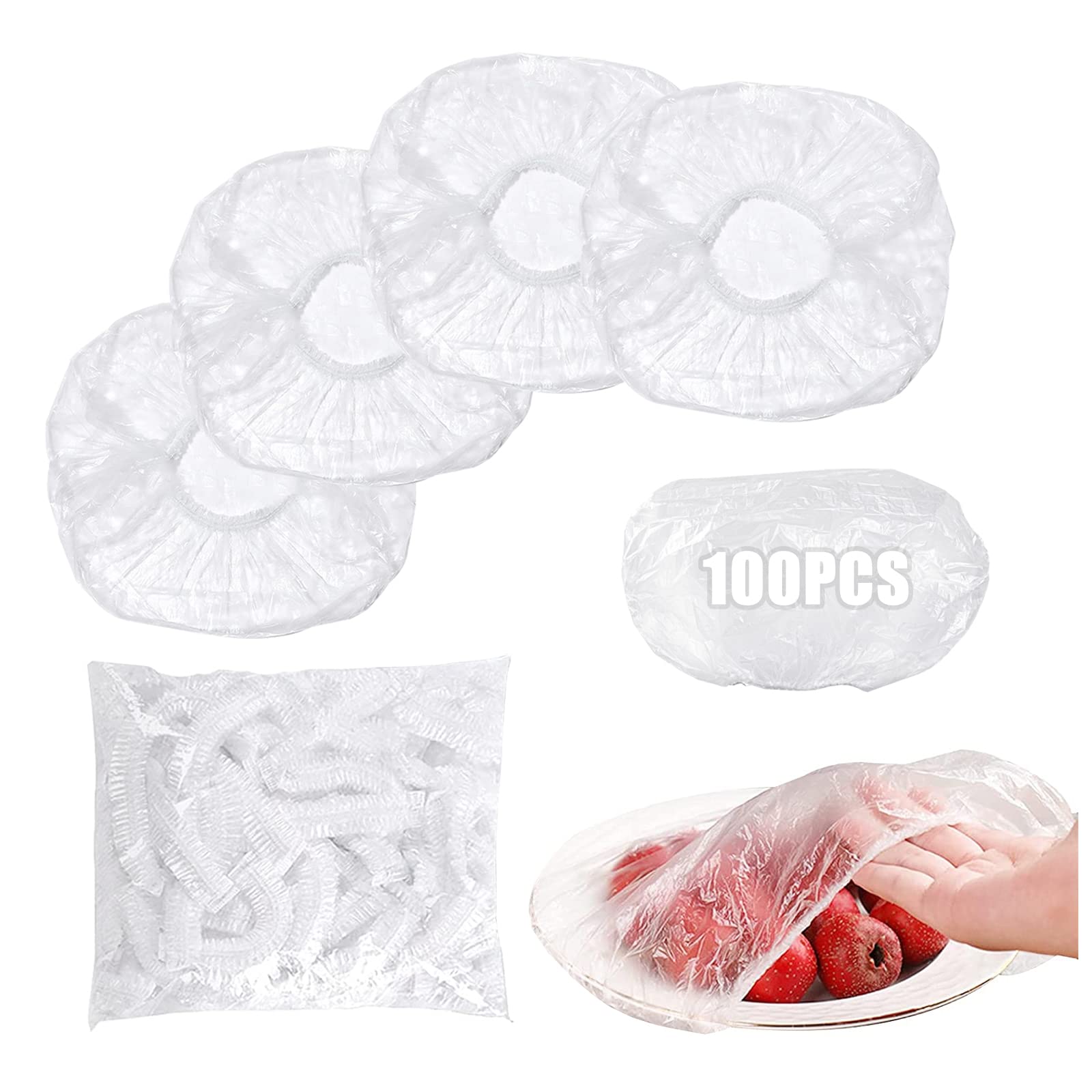 Pack of 100 Food Storage Bags, Disposable Elastic Food Storage Covers, Plastic Food Covers for Food Storage/Fruit Preservation/Shower Caps