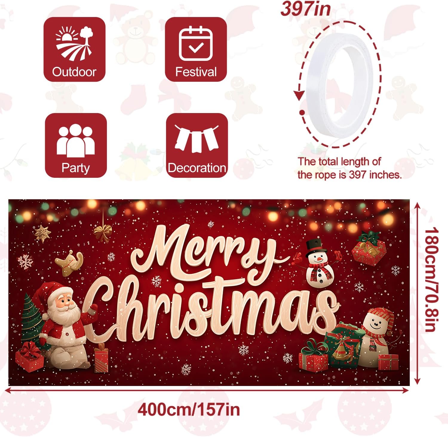 ANNA QUEEN Merry Christmas Decorations Garage Door Banner 6 x 13FT,Winter Snowman Santa Claus Backdrop 71"x157" Door Cover Xmas Decoration for Party (Red Merry Christmas)