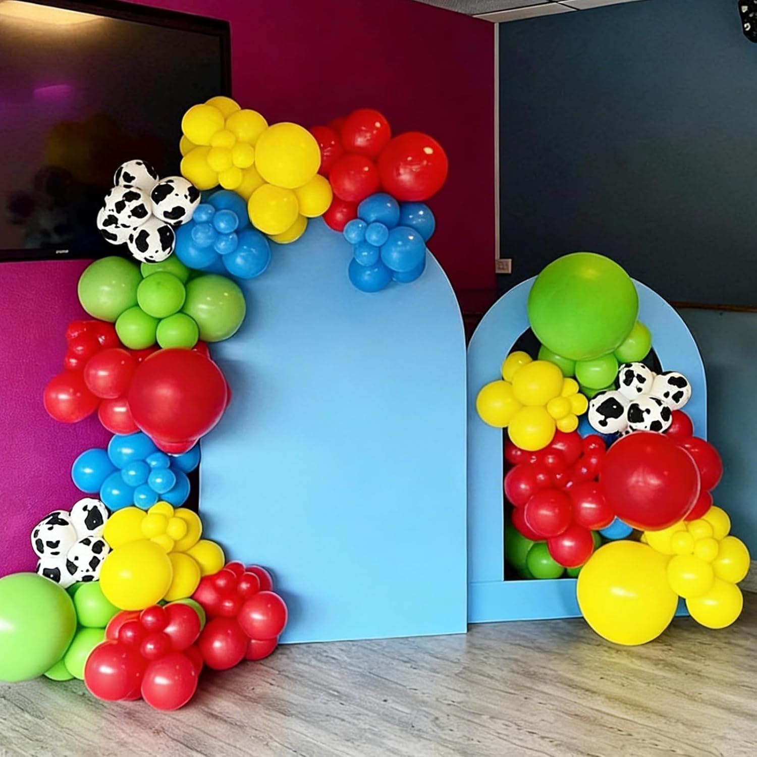 YMSZ Cow Print Balloons Arch Kit, 134pcs Red Blue Yellow Green Balloons with Cow Print Balloons for Boys Girls Birthday Baby Shower Party Decorations