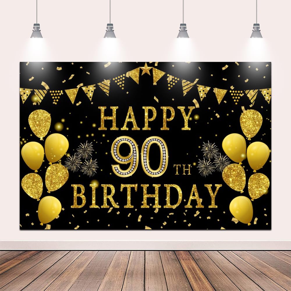 Pnylzzyxh 12x10ft Happy 90th Birthday Party Photography Backdrop, Glitter Black and Gold Balloons Background for Woman Man Fabulous 90 Bday Shining