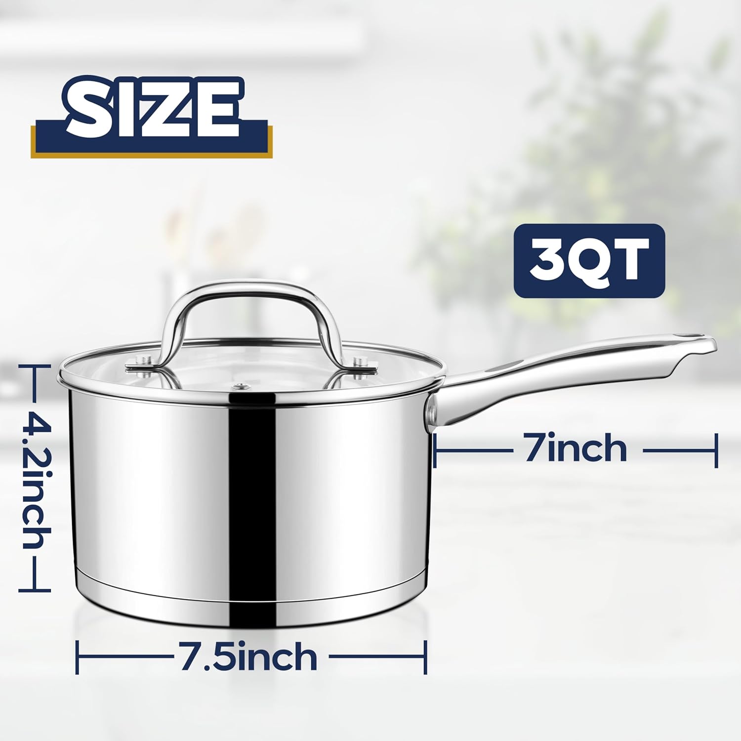 LIANYU Stainless Steel Saucepan, 3 Quart Sauce Pan with Visible Lid, Triply Induction Small Sauce Pot for Kitchen Cooking, Boiling, Compatible with All Stoves, Oven & Dishwasher Safe - Image 2