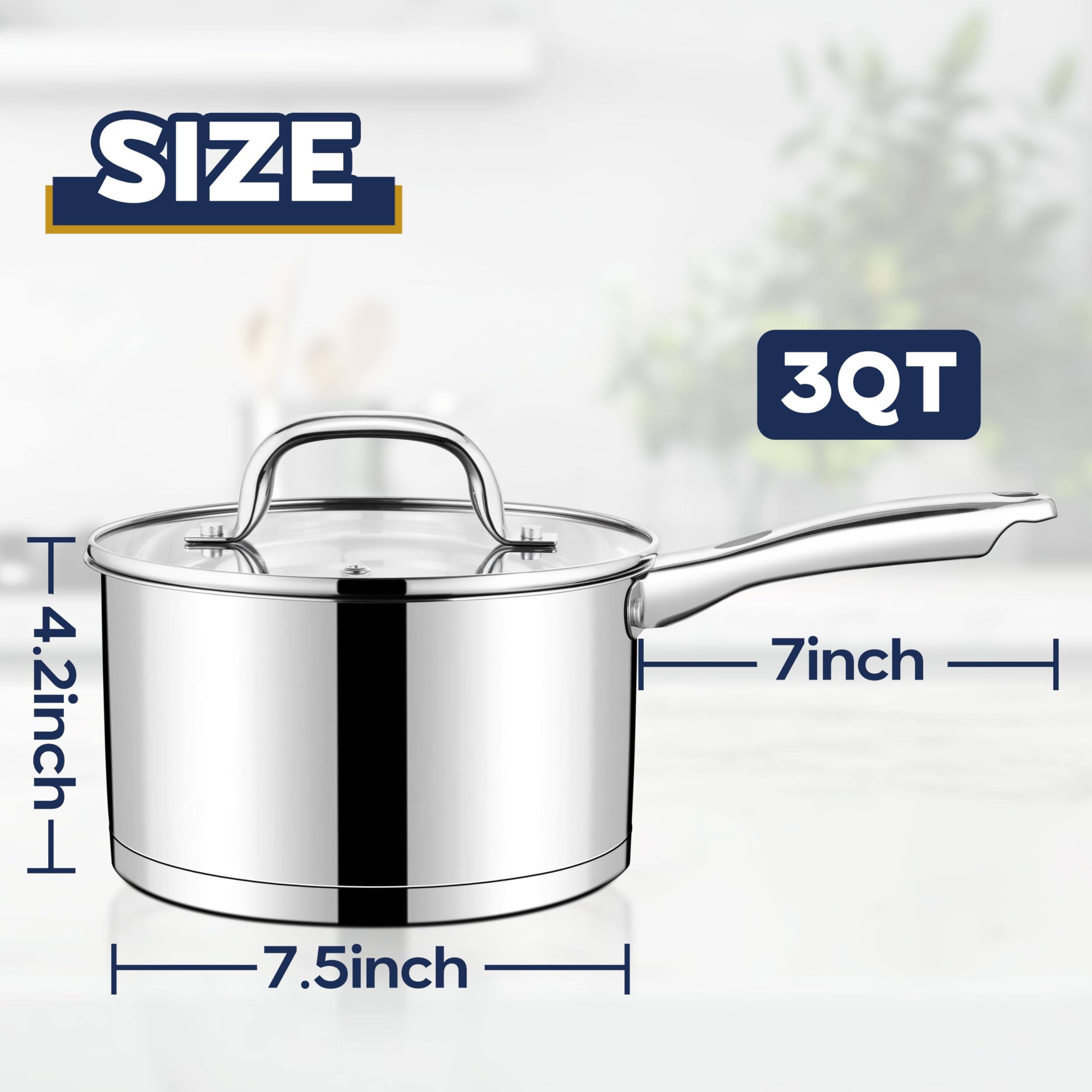 LIANYU Stainless Steel Saucepan, 3 Quart Sauce Pan with Visible Lid, Triply Induction Small Sauce Pot for Kitchen Cooking, Boiling, Compatible with All Stoves, Oven & Dishwasher Safe
