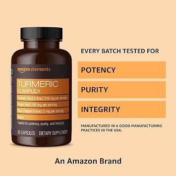 Amazon Elements Turmeric Complex, 316 mg Curcumin with Ginger and Black Pepper, Joint & Immune Support, 65 Capsules (Pack of 2)
