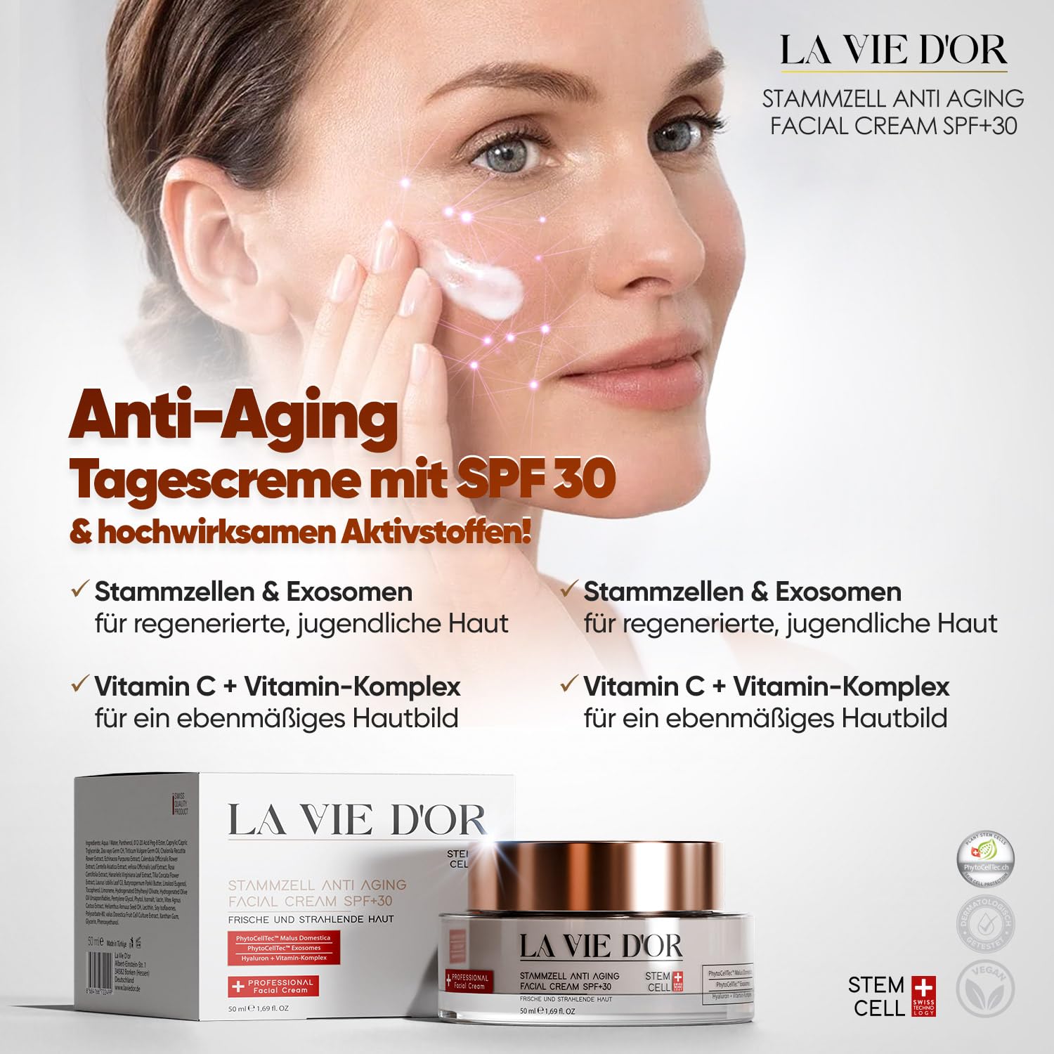 La Vie D'Or Komplettpflege-Set – Anti-Aging Serum + Lippenpflege Serum + Haar- & Kopfhautserum + Gesichtscreme SPF 30 – Stammzellentechnologie – Vegane Luxuspflege