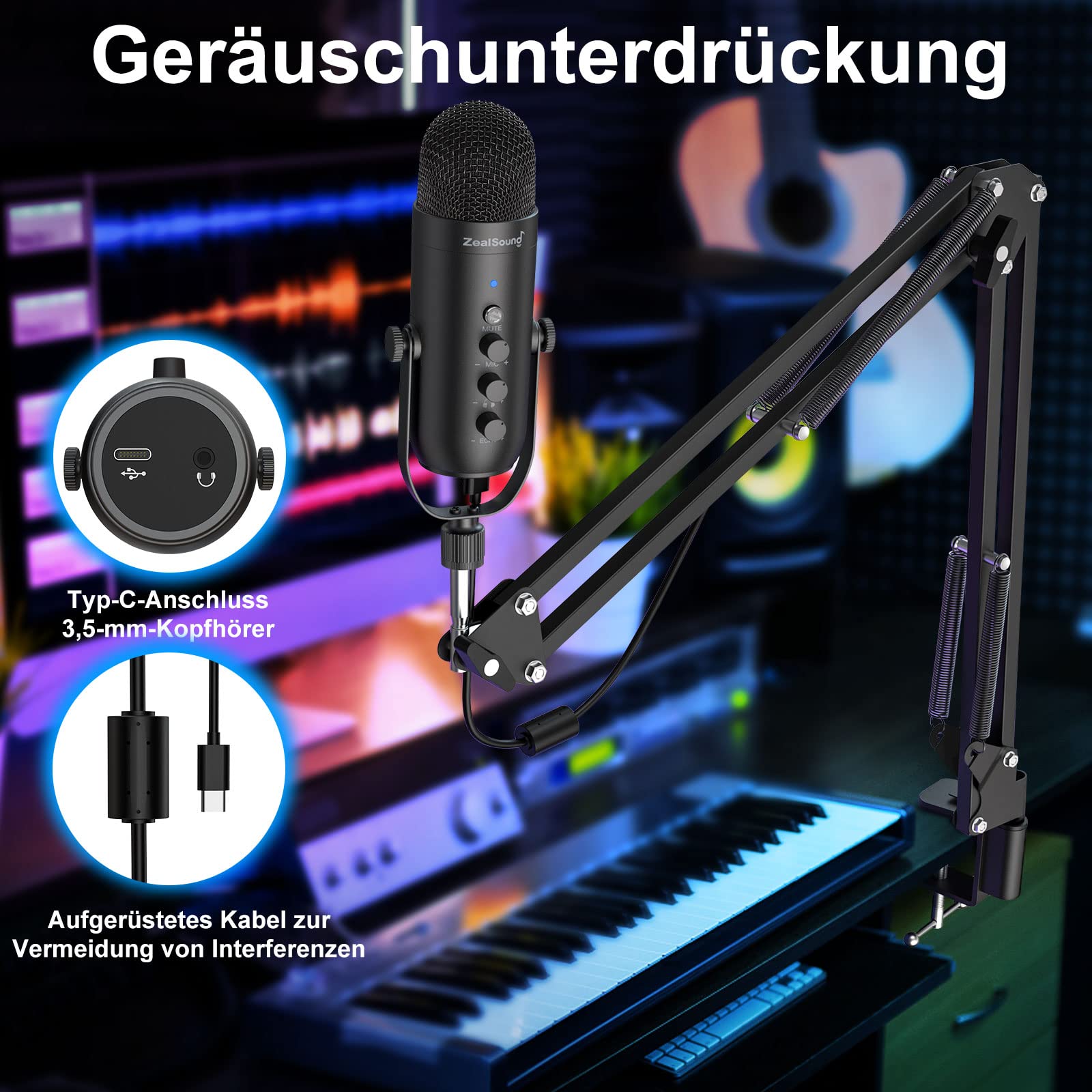 zealsound USB Podcast Mikrofon für PC Handy— mit Rauschunterdrückung, Mute-Taste, Echo für Vocal & Singen Stream, und 2 Adapters & Boom arm, für Gaming, YouTube, Kompatibel mit iPhone, Mac & PS5