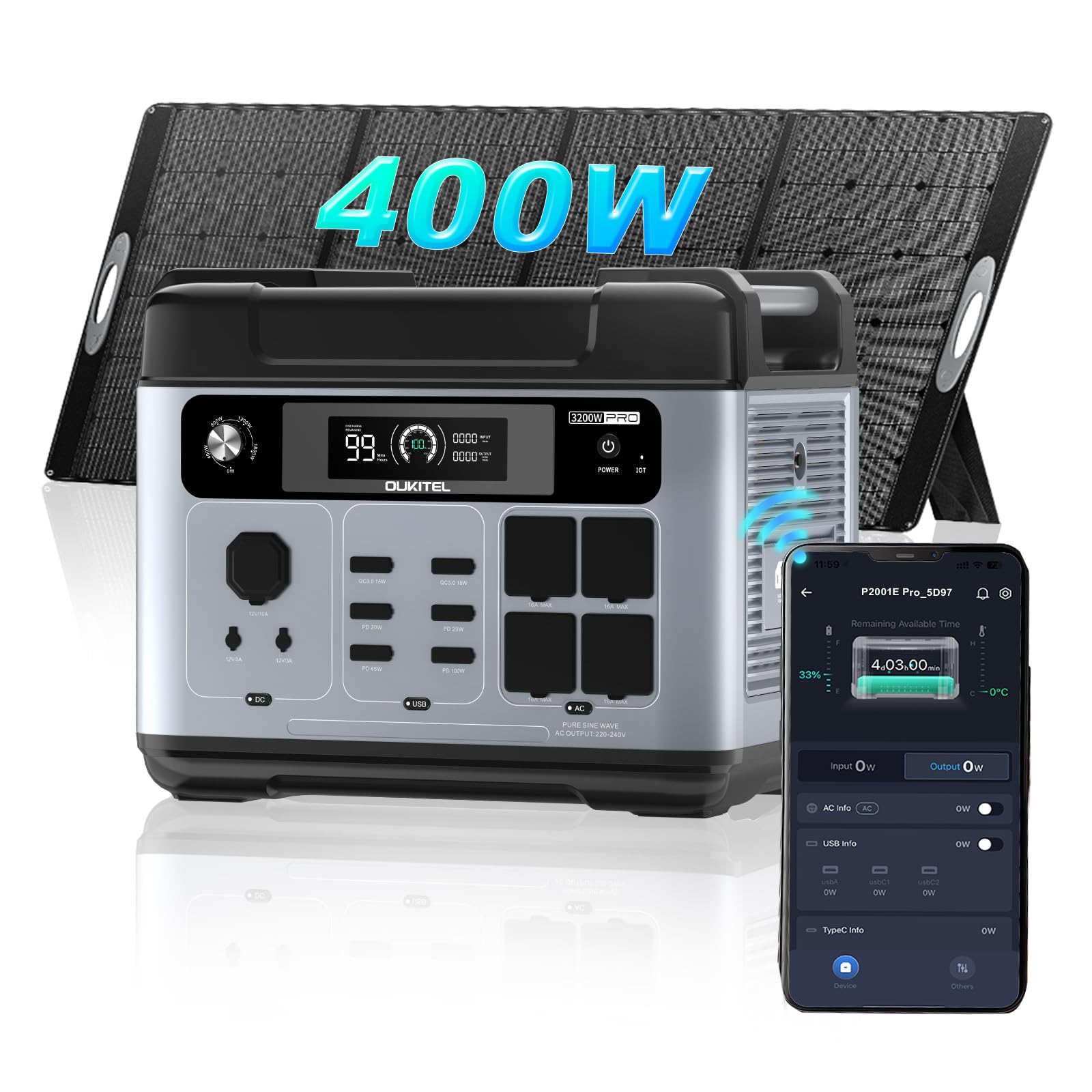OKITEL P2001PRO Station Électrique Portable 3200W, Générateur Électrique Portable 2048 Wh avec Panneau Solaire 400W, Générateur Solaire pour Camping Voyage