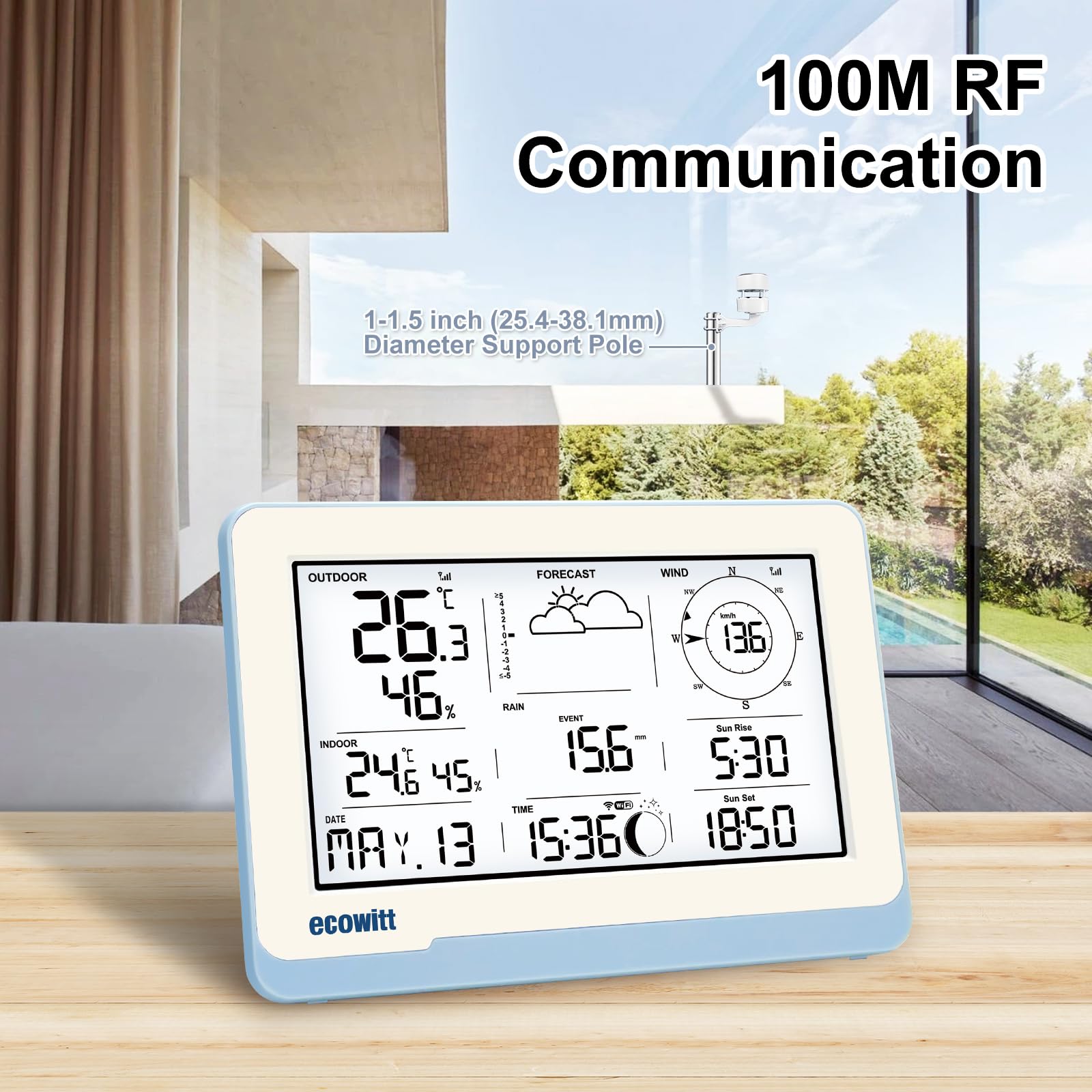 ECOWITT WIFI stazione meteo WS3802 con display LCD da 7,5 pollici per uso domestico, 3 in 1 Sensore meteo senza fili WS85 con pannello solare + un sensore di temperatura-umidità per esterni WN32