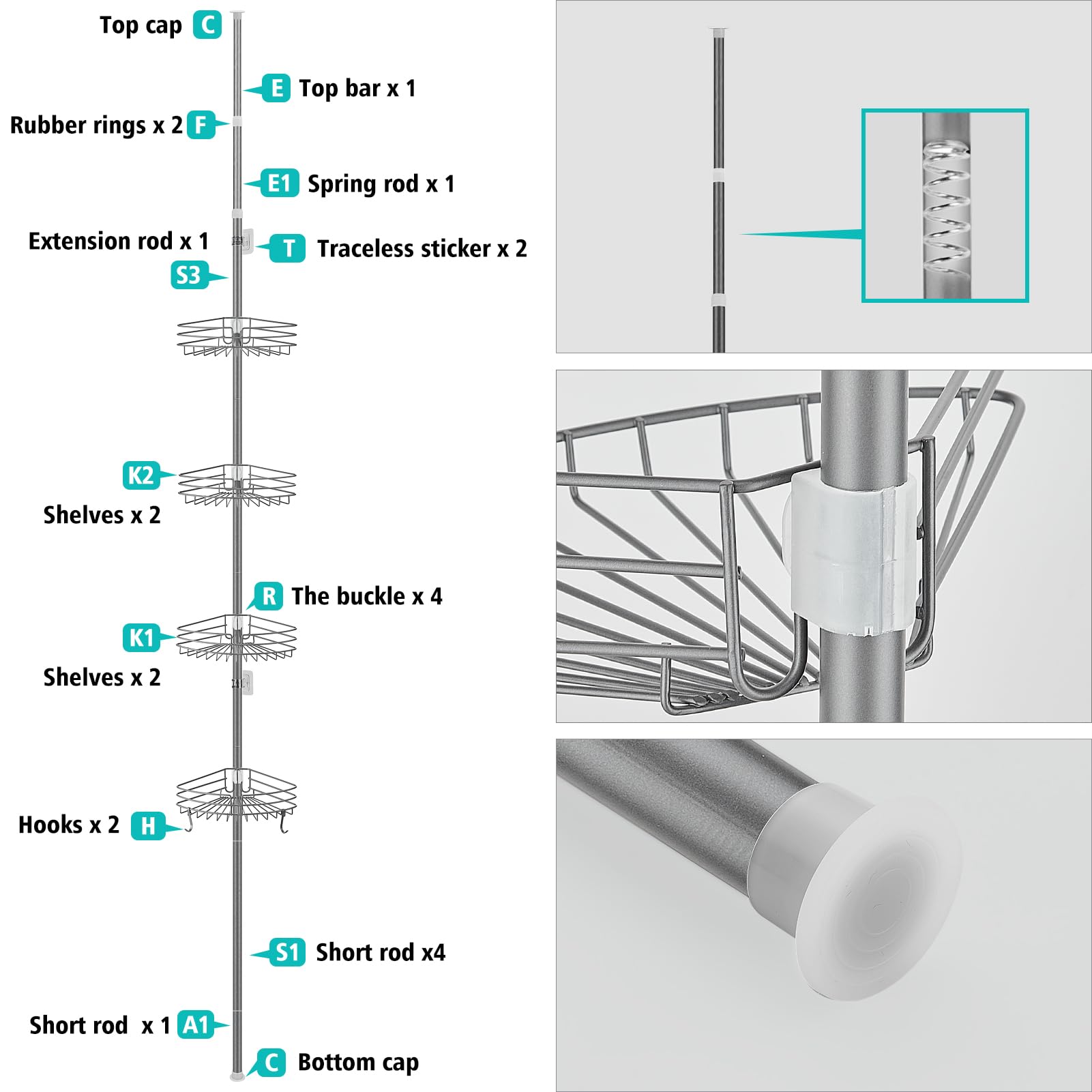 Telescopico Mensola Doccia Angolare, Portaoggetti Doccia Regolabile | Senza Foratura in Metallo Cestello Doccia Telescopico con 4 Vassoi, Mensola per Doccia Altezza Regolabile da 85-325cm, Grigio