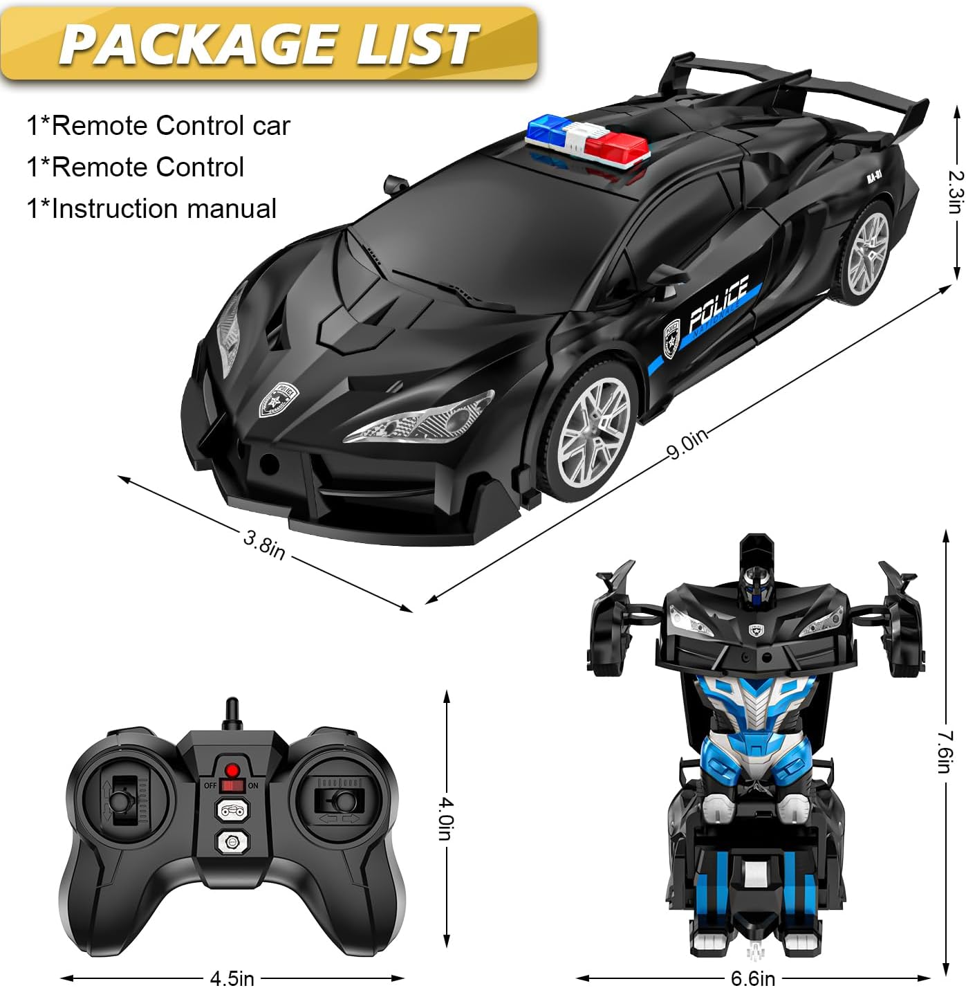 Remote Control Car with One Button Transformation, RC Cars Transforming into Robot Car, 2.4Ghz 360 Degree Rotation Police Car with Light, 1:18 Scale Transform Toys for Boys Girls Kids 4-7 8-12 6-8