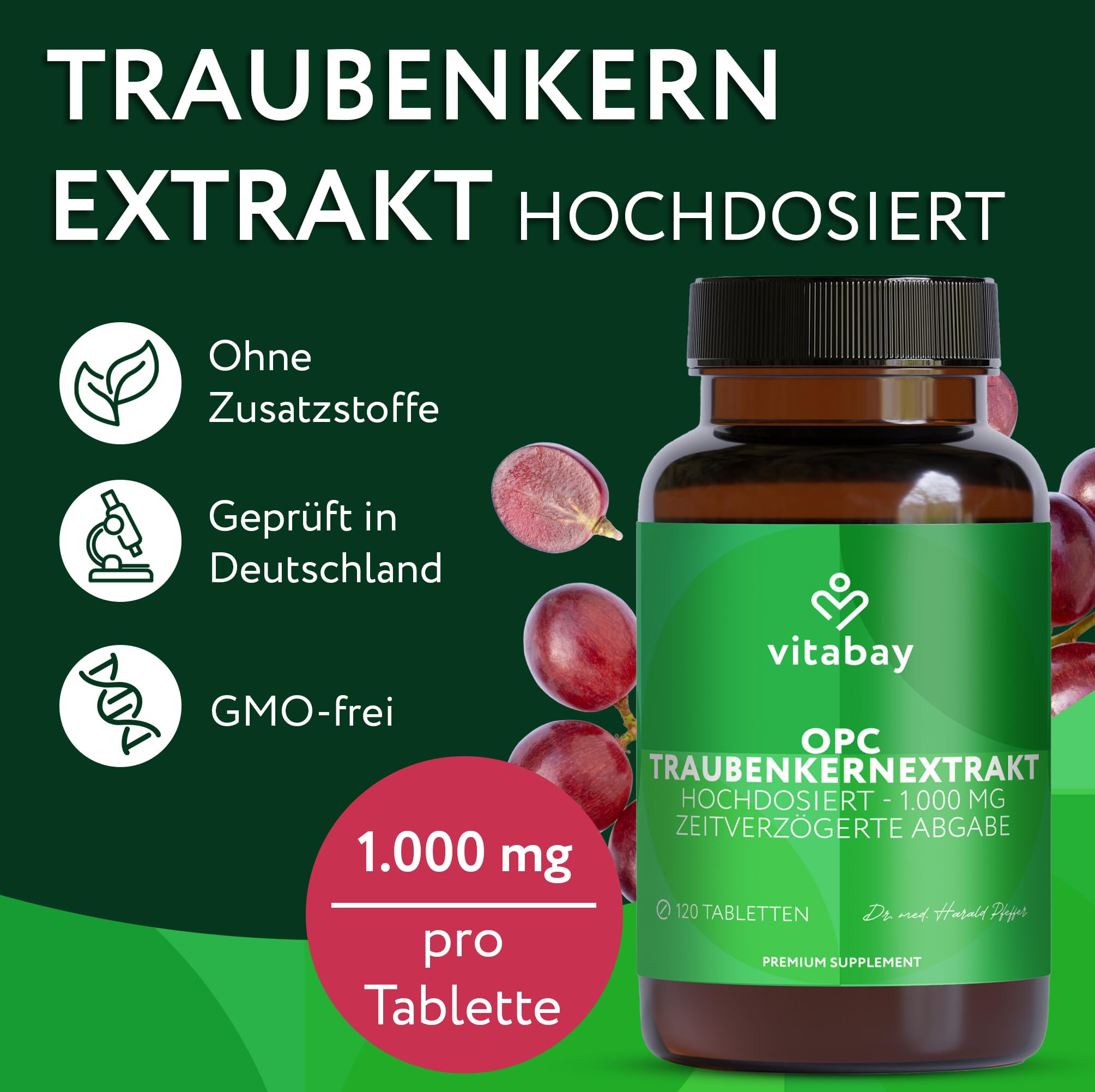 Vitabay OPC Traubenkernextrakt 1000 mg Hochdosiert - 120 Vegane Kapseln Time Released - Traubenkernextrakt mit Polyphenole - natürliche Pflanzenstoffe ohne unerwünschte Zusatzstoffe - Laborgeprüft