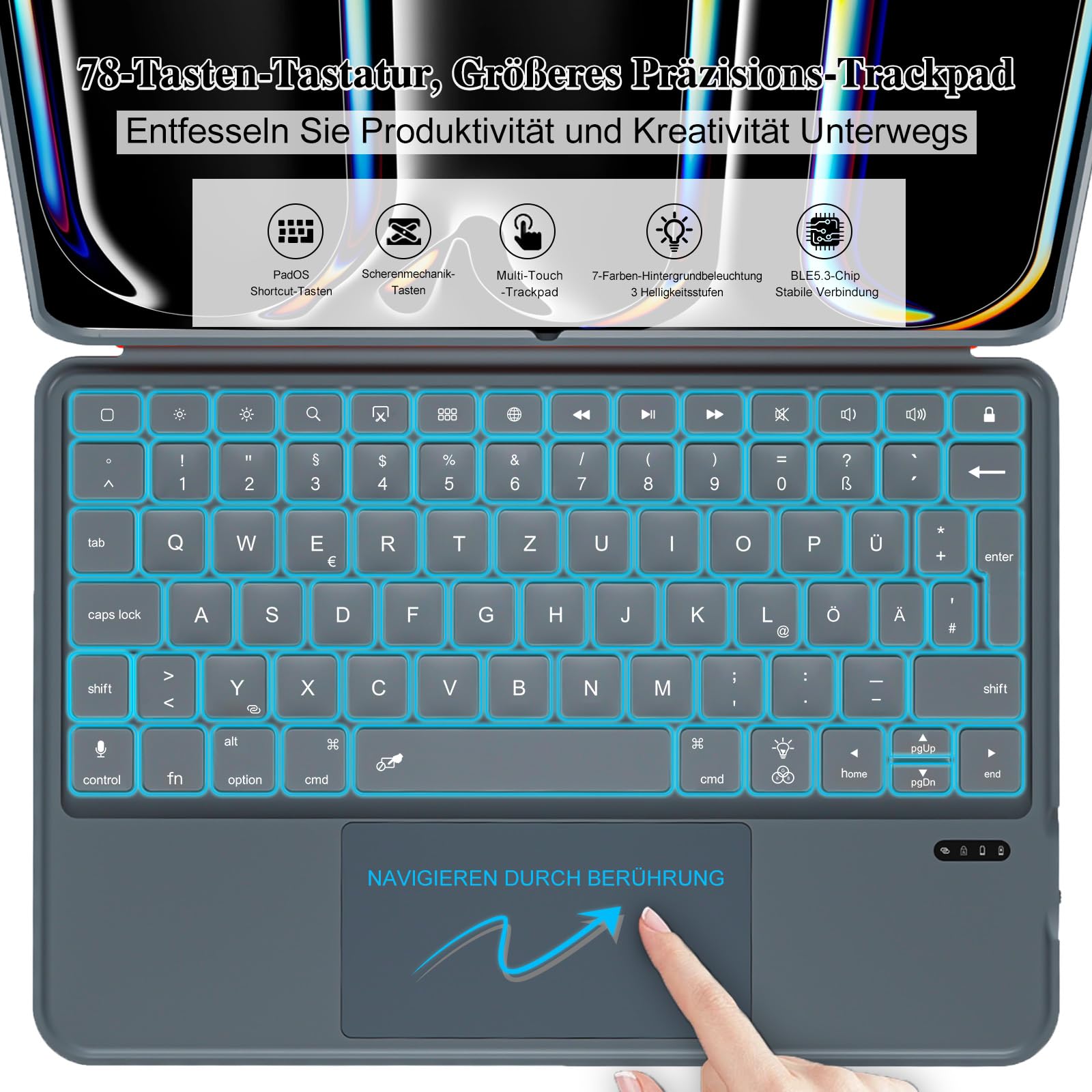 Tastatur Hülle für iPad Pro 11 Zoll (M5/M4 2025/2024), Magnetisch Abnehmbares Keyboard, Großes Trackpad, 7-Farbige Hintergrundbeleuchtung, 160° Verstellbarer Standfuß, Leicht (Dunkelgrau)