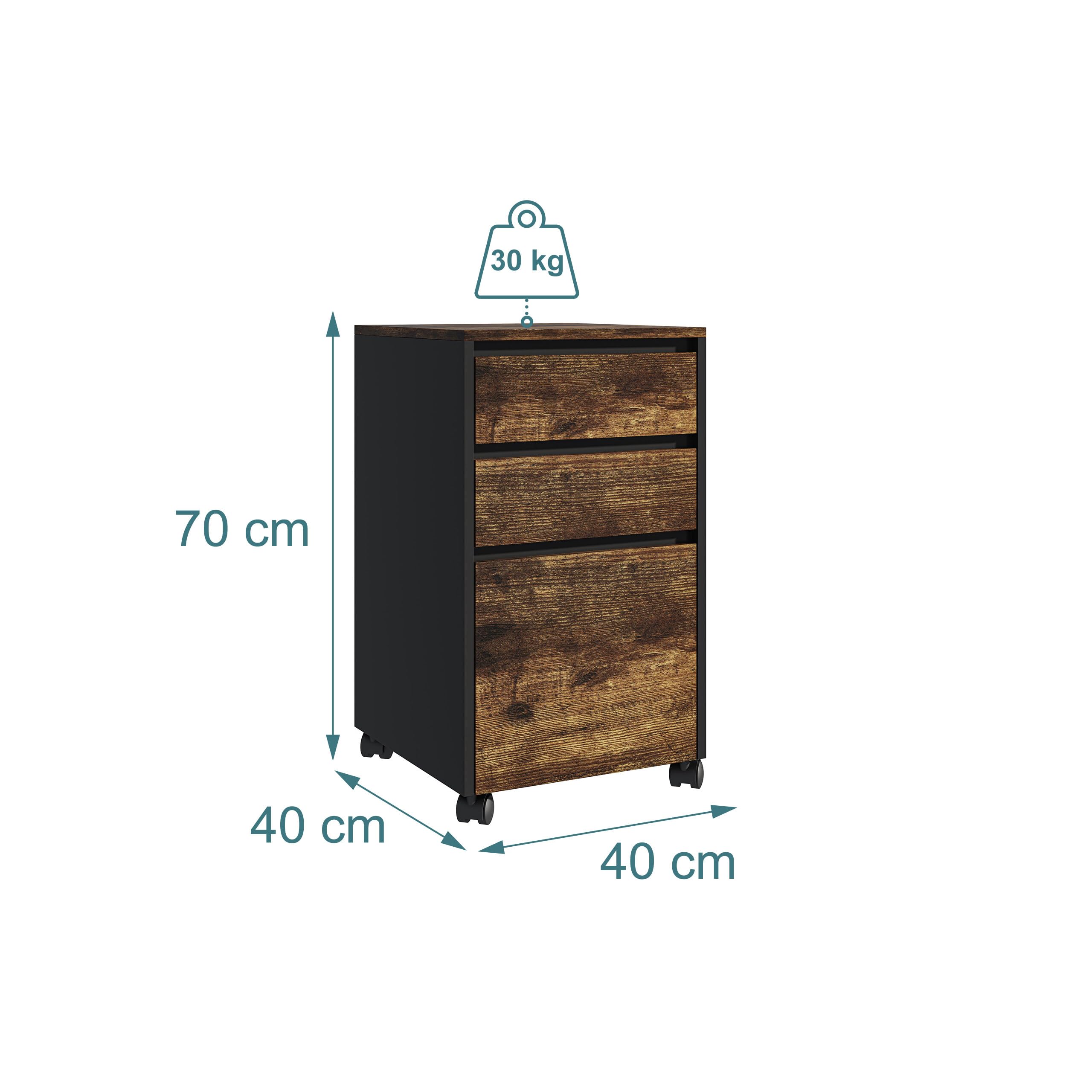 Relaxdays cassettiera con Ruote, 3 cassetti, 1 cassetto sospeso per A4, AxLxP: 70 x 40 x 40 cm, Nero/Marrone
