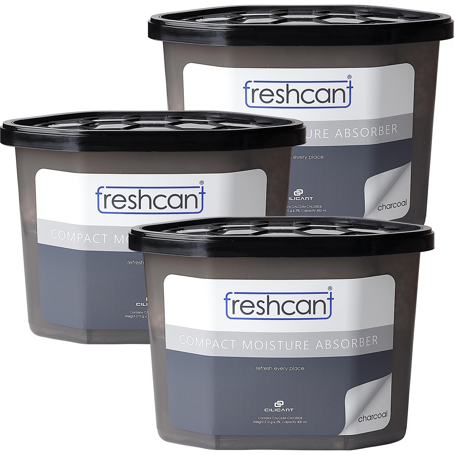 CILICAnT Freshcant Compact Moisture Absorber ,Refresh Every Place, Dehumidifier For Wardrobe/Closets, Storage Compartment, Kitchen, Cupboard, Almirah, Shoe Rack, Bathroom, (Charcoal Pack Of 3),Powder