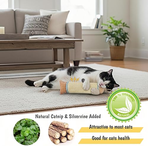 Miniatura 2 de Juguete interactivo para gatos, poste rascador de gato de 10 pulgadas de largo, juguete de sisal natural para gatos de interior (rosa y azul)