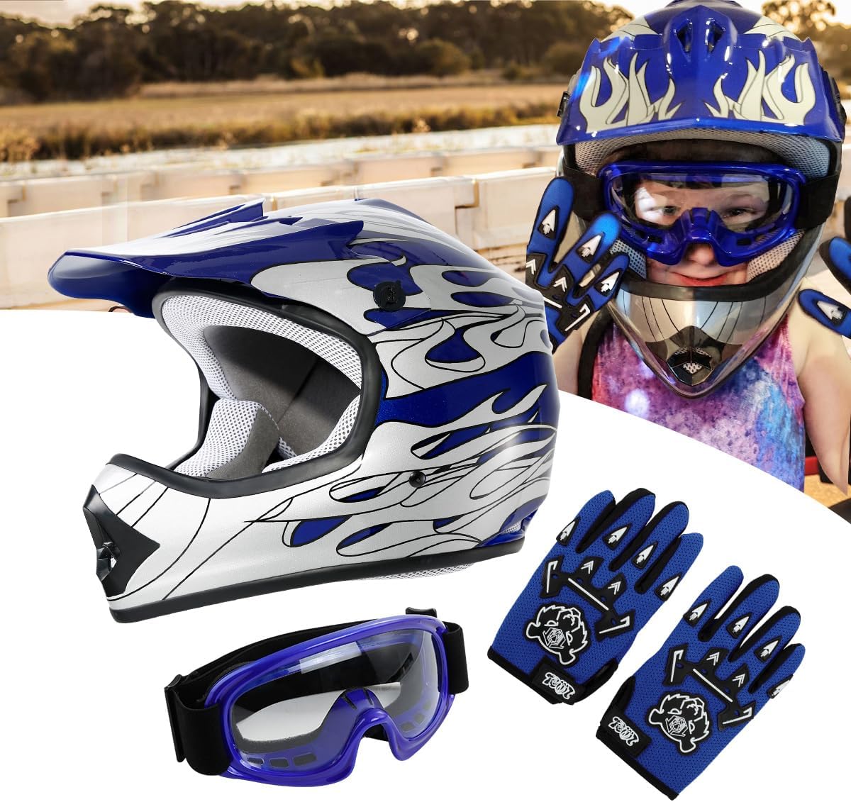 TCT-MOTORPARTS Youth Helmet+Goggles+Gloves DOT Blue Flame Kids Dirt Bike Helmet ATV Motocross Off-Road Riding Small