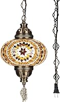 DEMMEX Handcrafted Turkish Moroccan Mosaic Plug-in Pendant Light - 7" Amber Brown Glass Swag Lamp, 15ft Cord & Chain, Antique Brass Mediterranean Decor