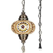 DEMMEX Plug-in Turkish Moroccan Mosaic Hanging Pendant Ceiling Light &ndash; Swag Lamp Fixture with 15ft Cord &amp; Chain, Handcrafted Glass, Tiffany Style, Mediterranean Decor (Amber Brown)