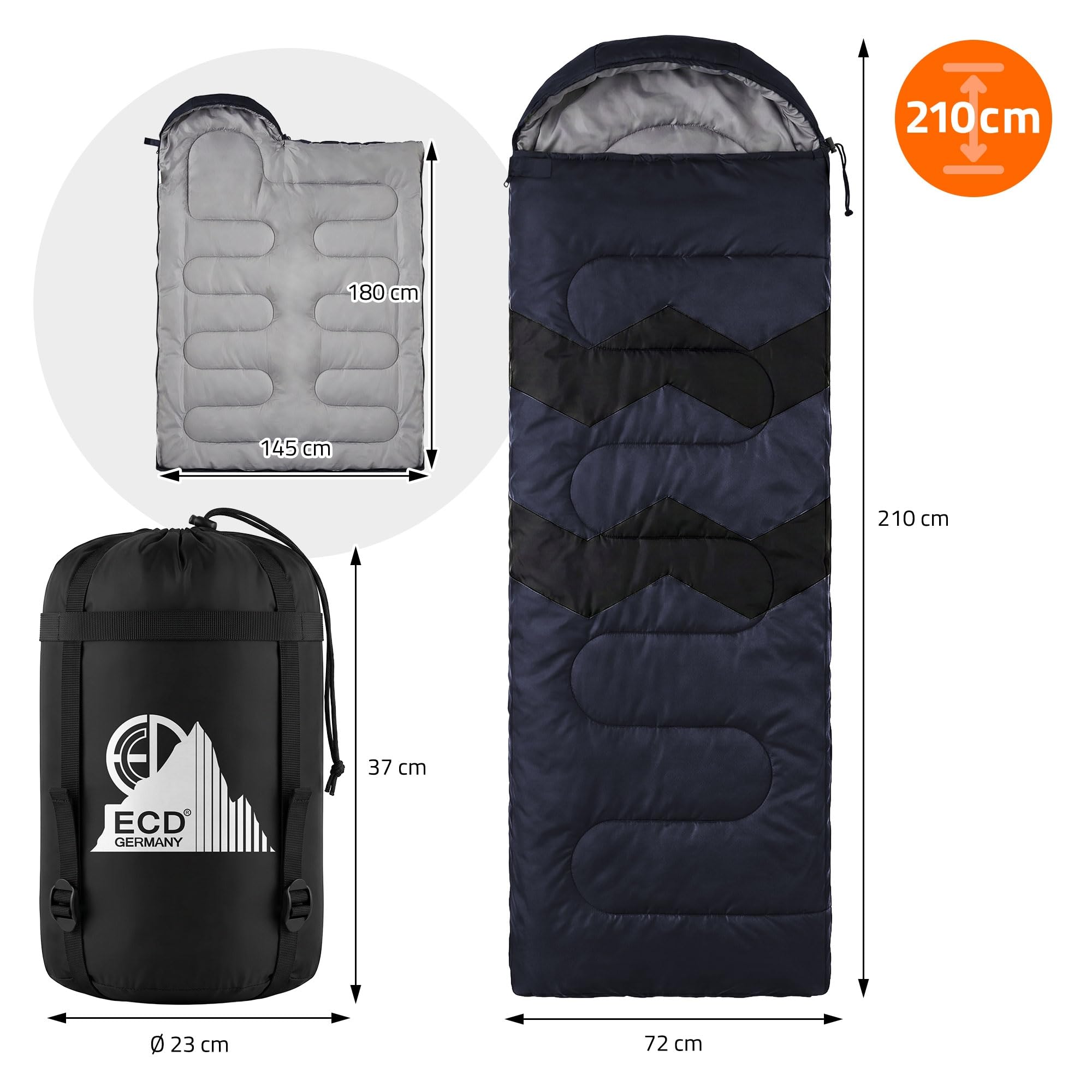 ECD Germany Sac de Couchage Adulte pour Camping Kaki/Bleu Foncé 210 cm, Matériel Léger Chaud et Compact, Portable de 3 Saisons Extérieur, pour Randonnée Voyage ou Tente, avec Housse de Transport