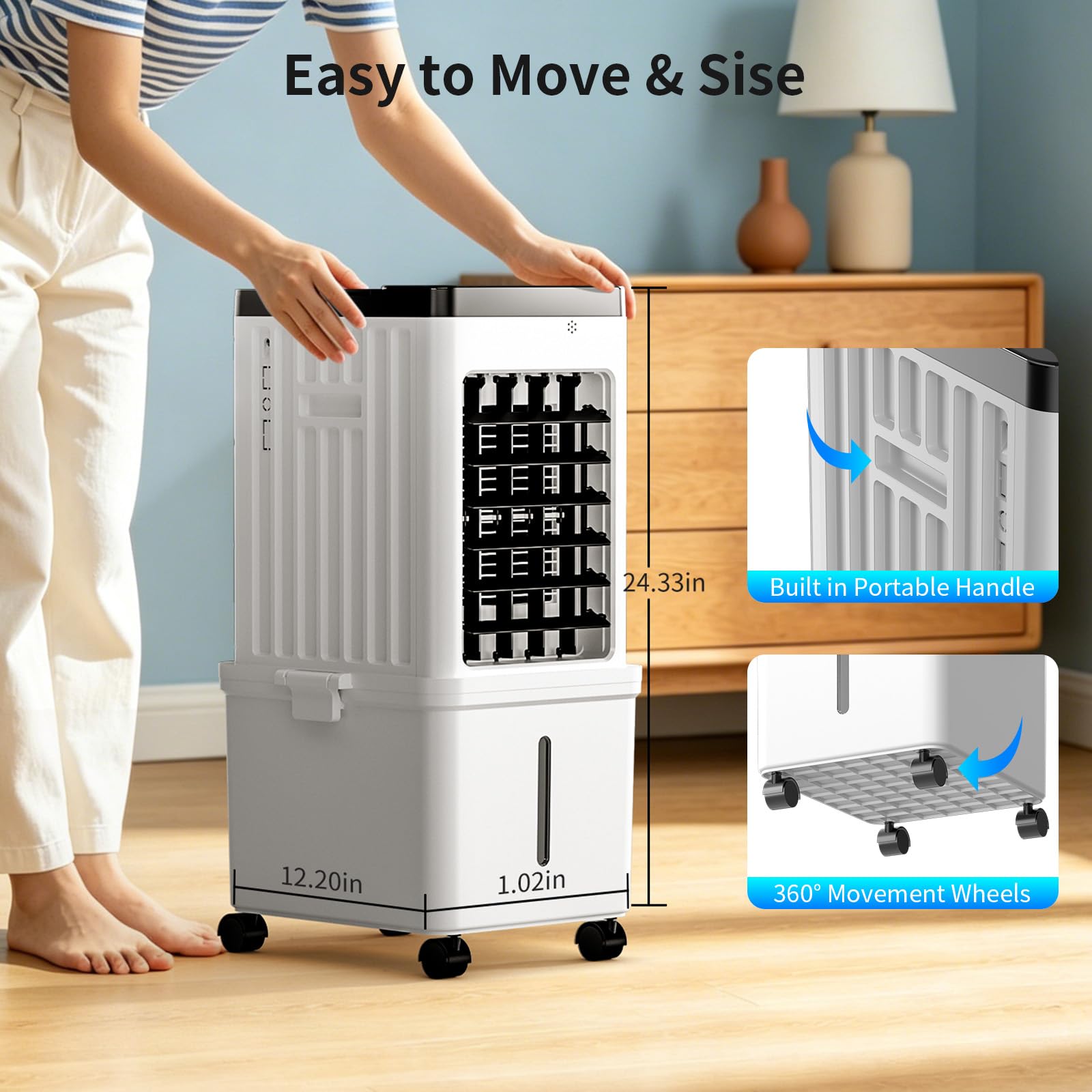Condition photo showing As Is for portable air conditioners,portable ac unit with removable 2.6 gal water tank,evaporative air cooler windowless with cool,dehumidifier,fan modes&sleep,fast cooling portable ac for bedroom home office