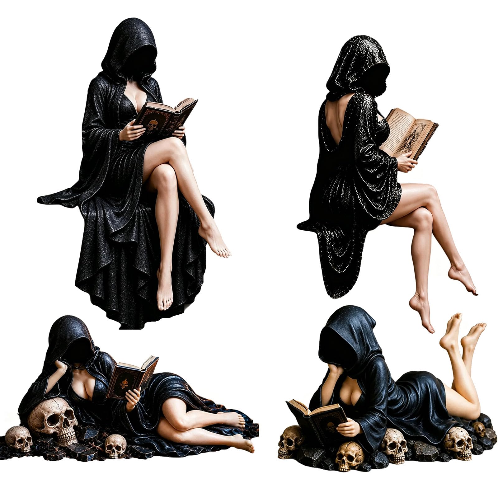 HYPYXUS Gothic Hooded Reader Figurine, Dark Academia Reading Statue with Skull Base, Faceless Mysterious Resin Bookshelf Decor Sculpture for Library, Desk, Home, for Book Lovers (4Pcs)