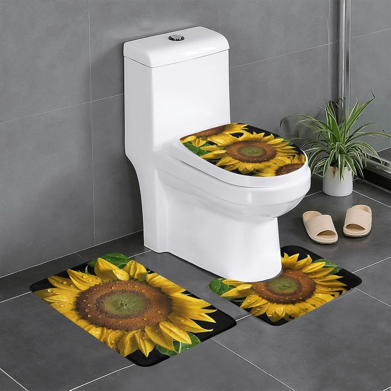 Orange Sunflower Wallpaper Print 3pc Bathroom Rug Set, Soft Flannel, Non-Slip, Absorbent Bath Mat, Contour & Lid Cover, Hand Wash