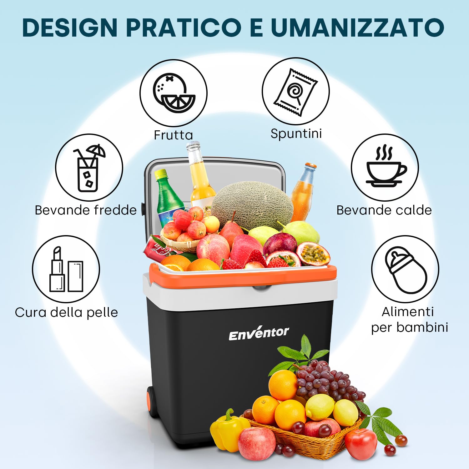 Enventor Frigo Portatile Elettrico con Ruote e Manico, 33L | Frigo da Campeggio, Modalità ECO, 12V 220V per Auto, Camion, Camper, Barca
