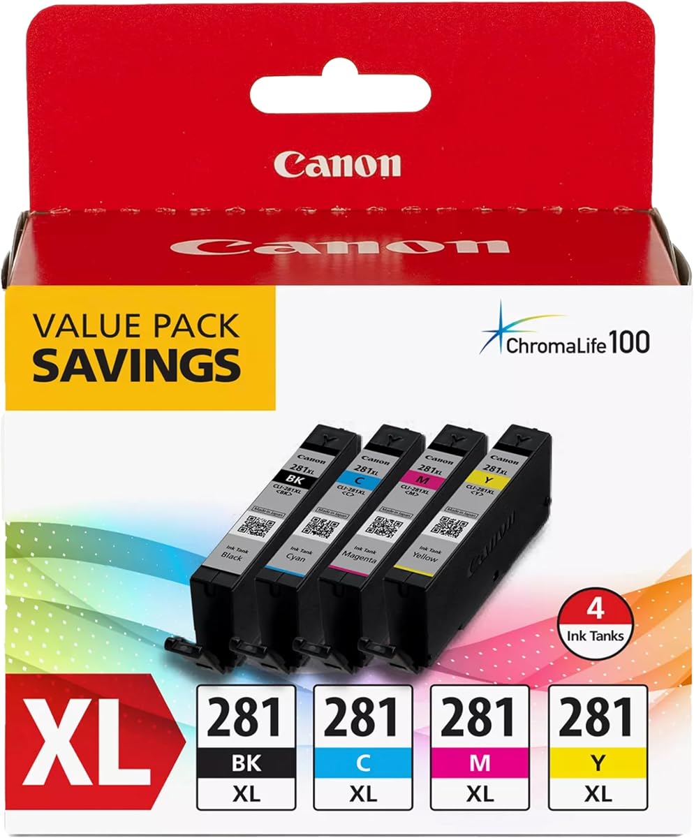 Canon CLI-281 XL Genuine BKCMY Paquete económico de cuatro colores, compatible con impresoras de las series TR8520, TS9120,TS8120, TS6120, TS9521C/a, TS9520/a, TS8220, TS6220, TS8320, TS6320, TS702/a y TR8620/a