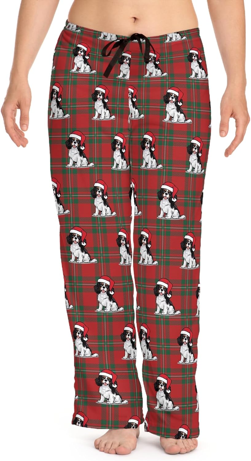Cavalier King Charles Spaniel Dog Womens Christmas Pajama Pants, Santa Dogs Red PJ Bottoms, Loungewear