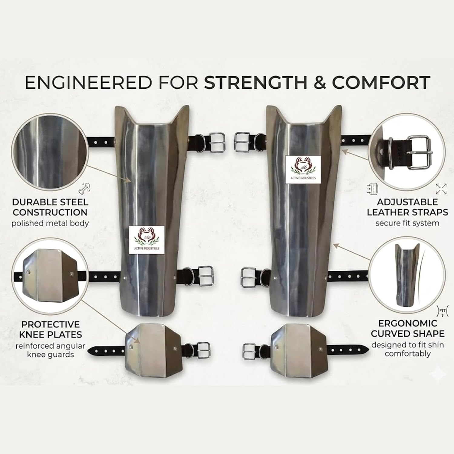 18 Gauge Steel Medieval Leg Guard Armor Set | Mandalorian Style Shin & Knee Guards, Wearable LARP Costume Armor for Adults, Halloween Cosplay, Role Play, Fantasy Armor Gear (Pair)