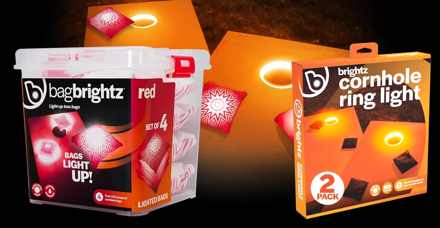 Brightz Premium Cornhole Ring Light with LED Bags - Includes 4-Pack of LED Cornhole Bags + RingBrightz Cornhole Ring Lights - The Ultimate Night Time Cornhole Master Set