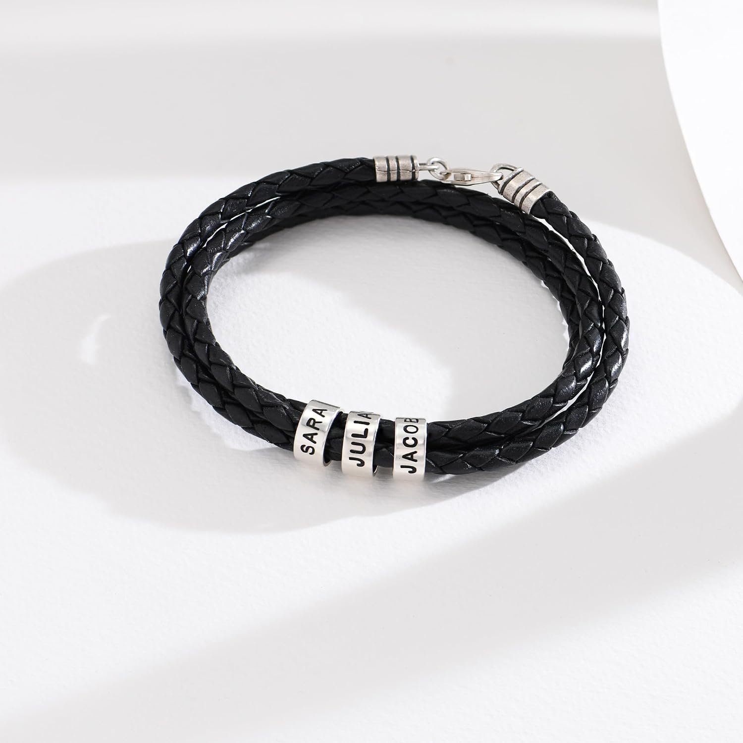 MyNameNecklace Personalized Braided Leather Bracelet with Silver or Gold Beads for Him, Men - Custom Gift for Father's Day - Genuine Leather - Engraved Sterling Silver or 14K Solid Gold Beads