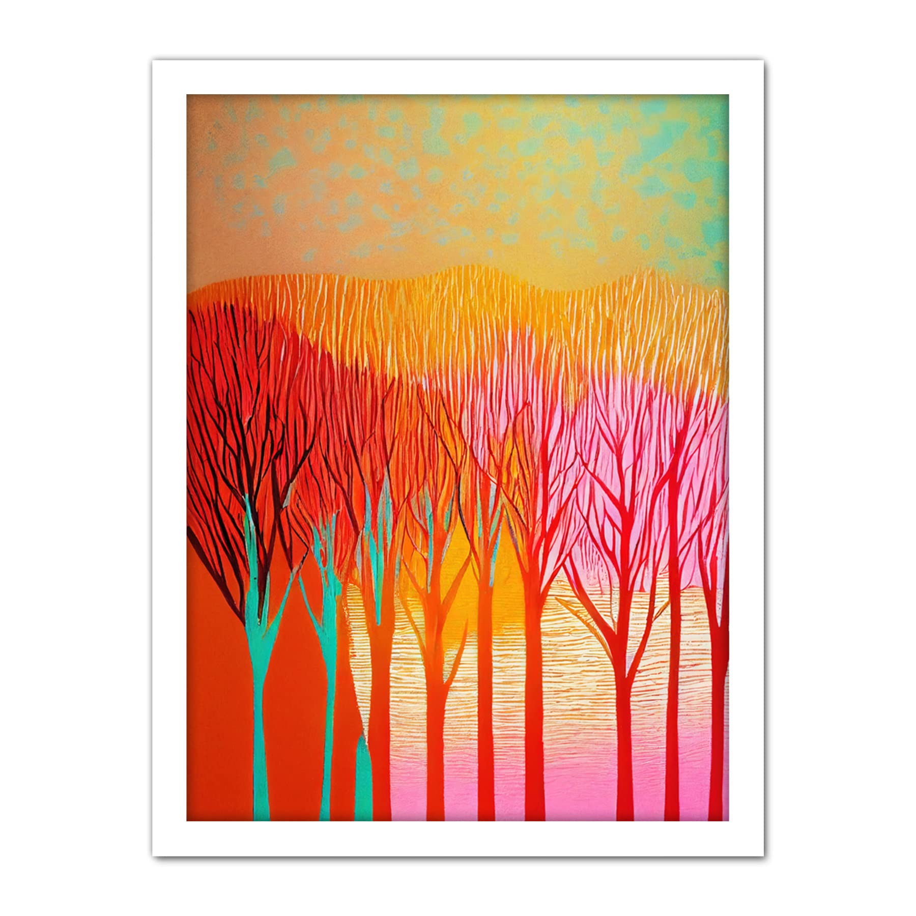Doppelganger33 LTD Forest Treetops Linocut Illustration Vibrant Bold Artwork Framed Wall Art Print 18X24 Inch